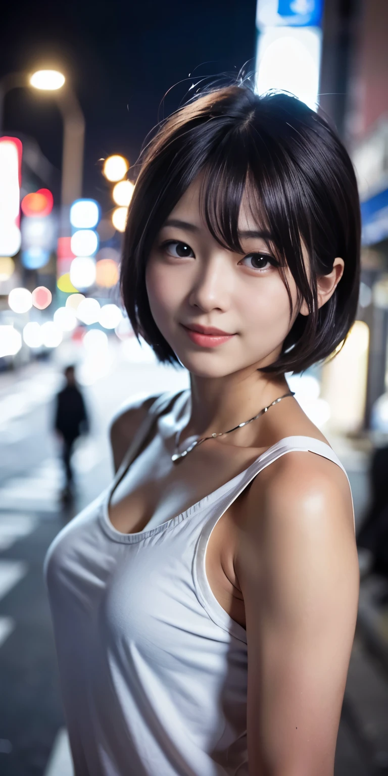 1 Girl, Tokyo Street,night, Streetscape,City lights,Upper Body,close,smile,, (8K, Raw photo, highest quality, masterpiece:1.2),(Realistic, photo-Realistic:1.37),