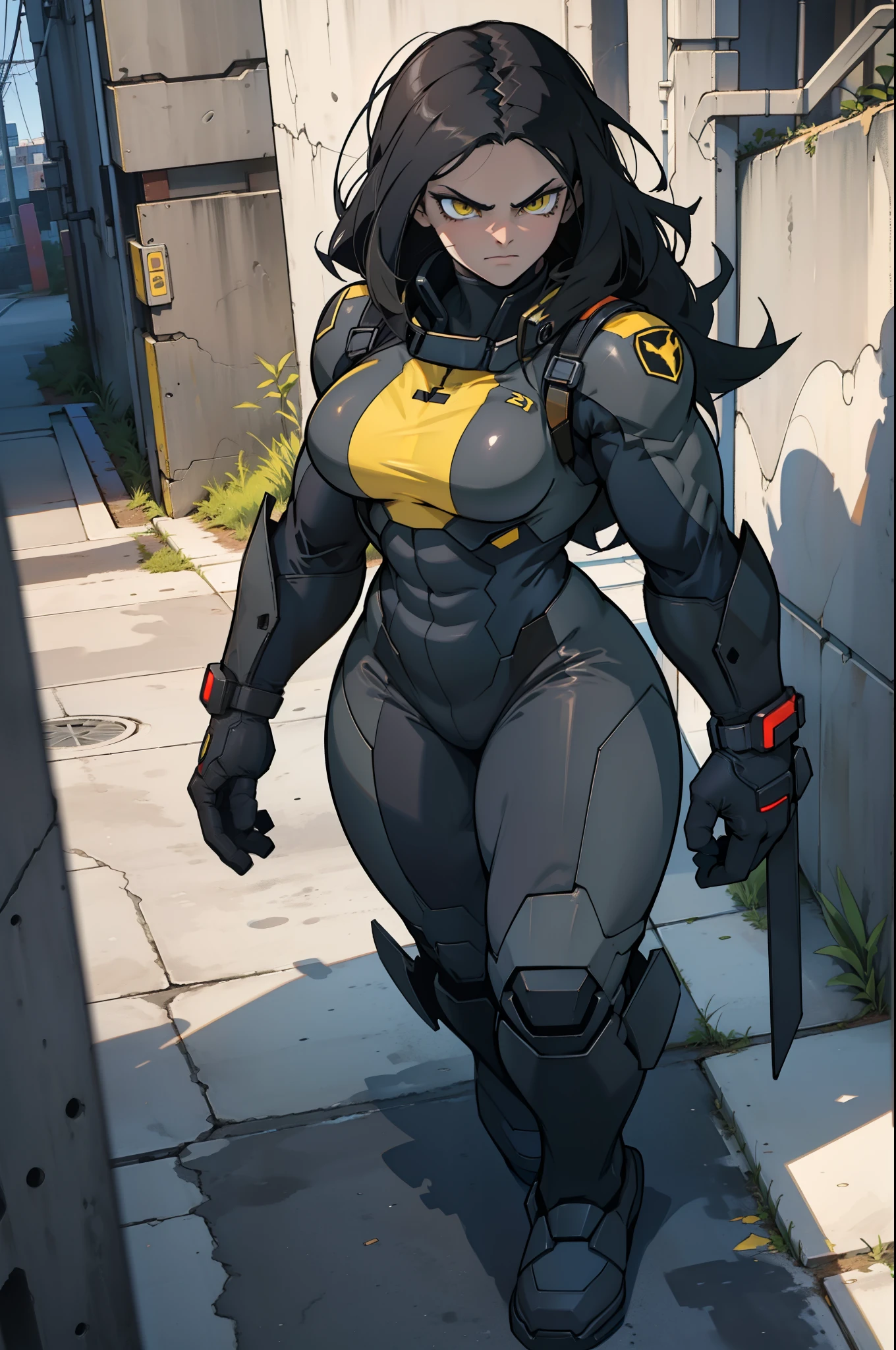 1 girl, black hair, yellow eyes, very long hair, pale skin, ((((extremely muscular)))), large breasts, curvy, concrete, shadow, dark atmosphere, (pilot suit)