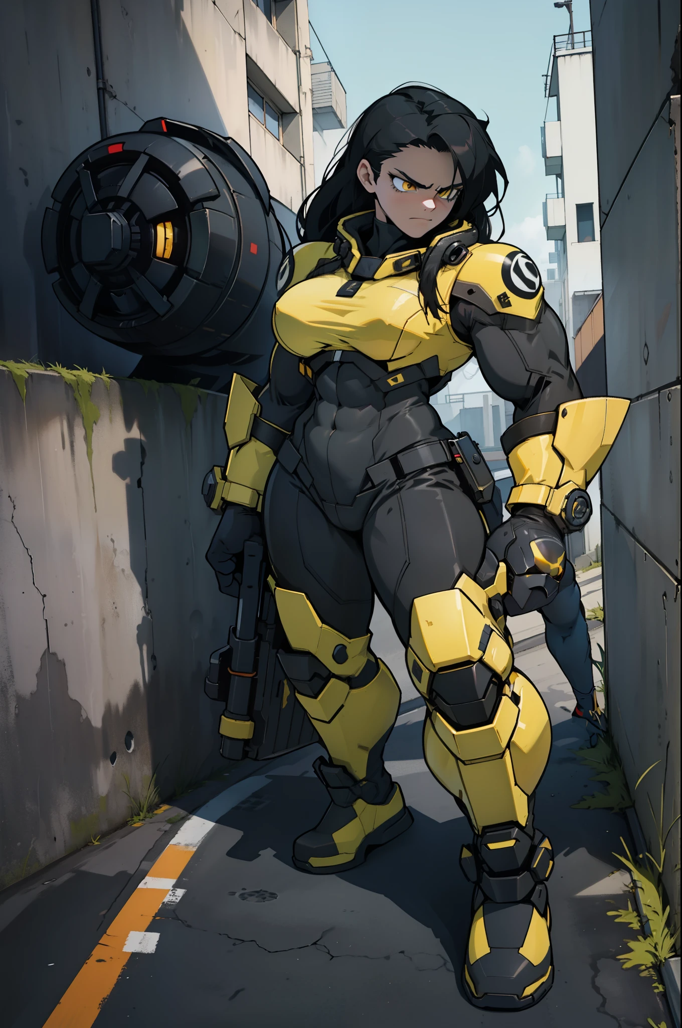 1 girl, black hair, yellow eyes, very long hair, pale skin, ((((extremely muscular)))), large breasts, curvy, concrete, shadow, dark atmosphere, (pilot suit)