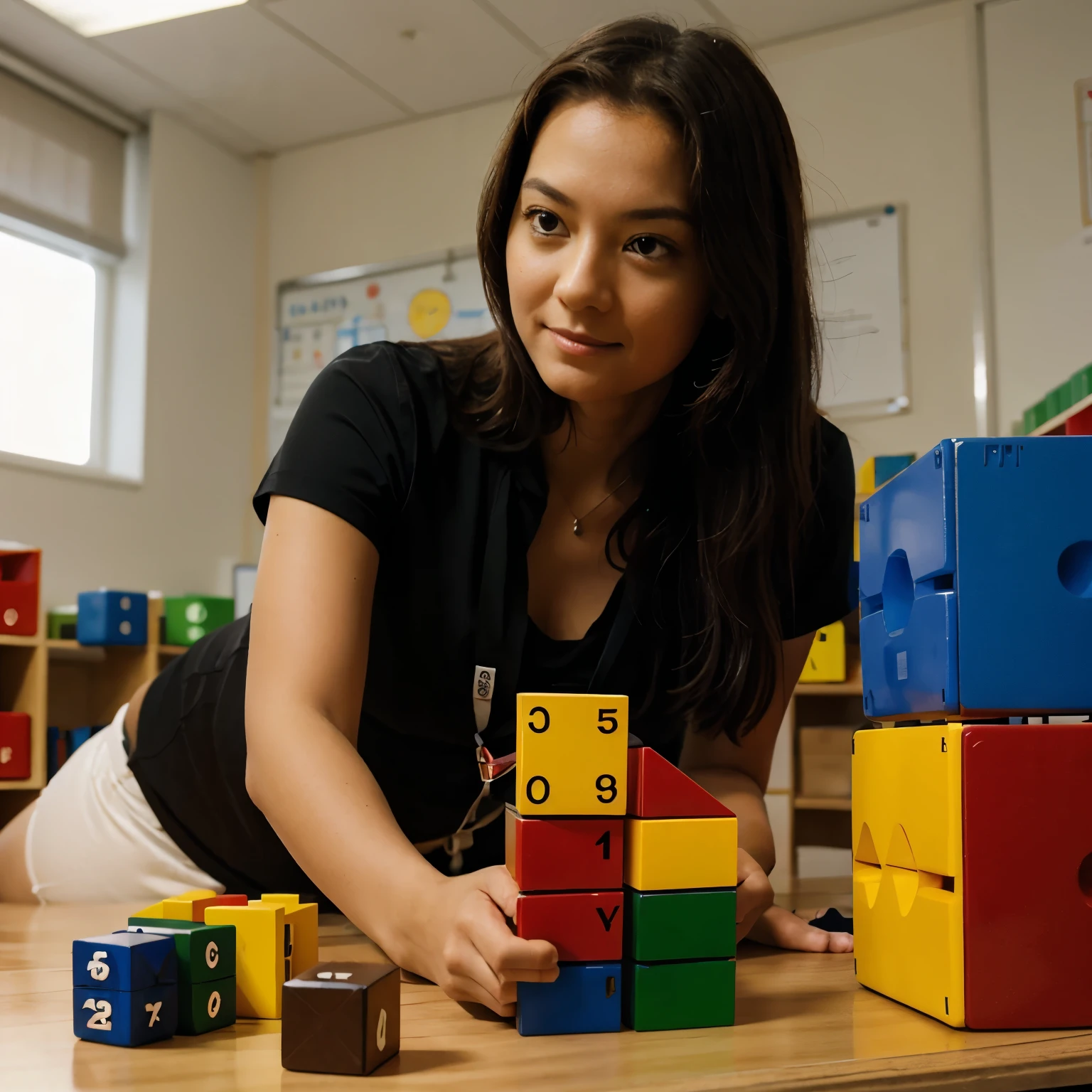 Teacher observing  playing with cubes 