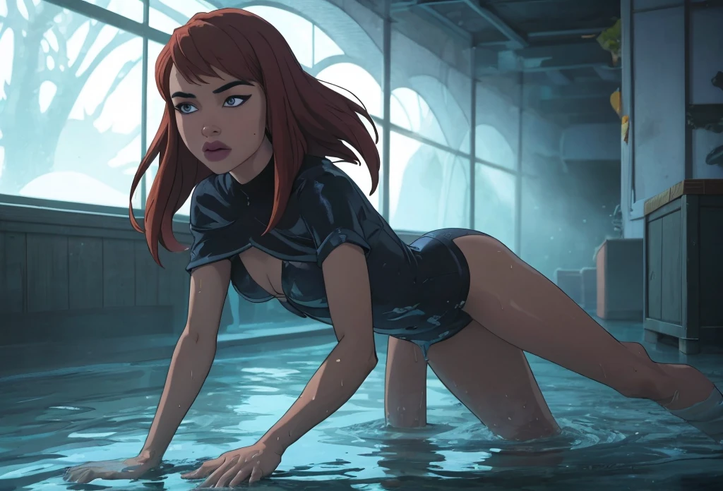 One hotgirl in black pantyhose and yellow bra , entering the bathtubs, red wet hair and crystal blue eyes, most beautiful , Ultra-detailed, ultra 4k, ((((high quality ))), she is trying to sit in bathtubs full of warm water, relaxing, peaceful bathroom 