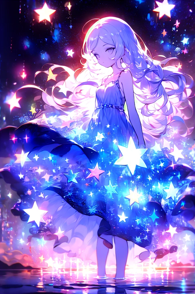 xcdd, dress, wading, star, water, sky, night, glowing, sparkle, star, night sky, backlighting, light particles, floating hair,, absurdres, ultra detailed, masterpiece, best quality, aesthetic, detailed,, serious, 1girl, (white eyes:1.1), (grey eyes:1.3), white hair, very long hair, parted hair, parted bangs, medium breasts,