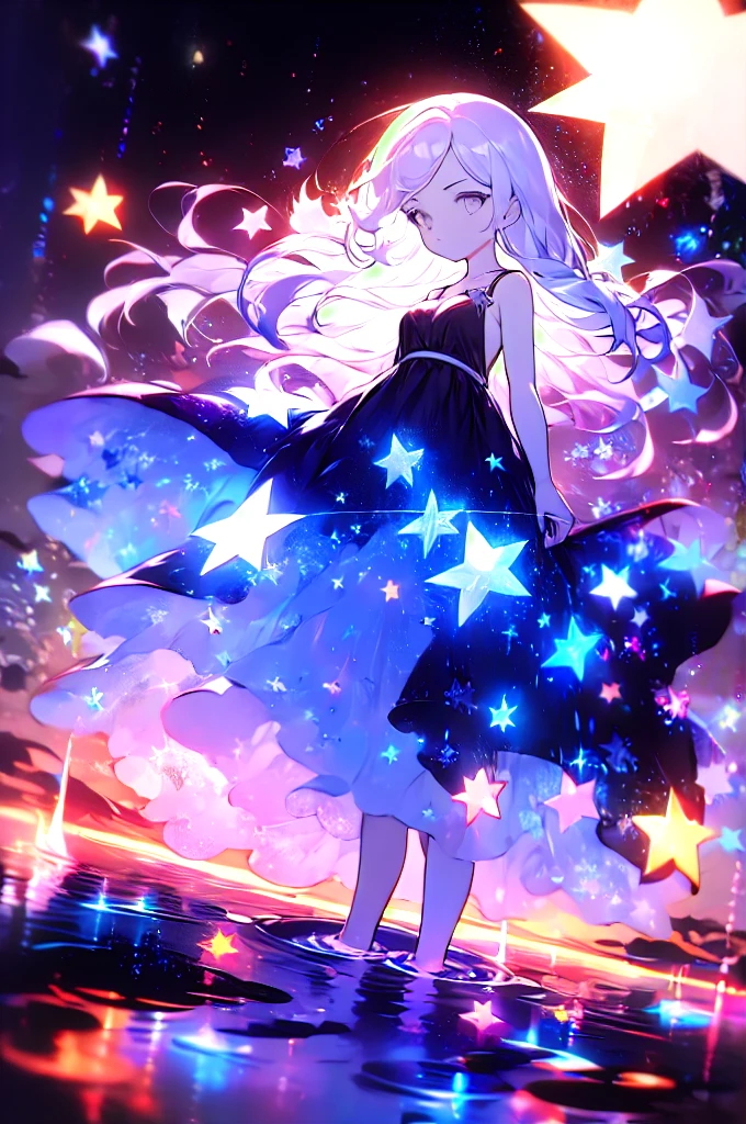 xcdd, dress, wading, star, water, sky, night, glowing, sparkle, star, night sky, backlighting, light particles, floating hair,, absurdres, ultra detailed, masterpiece, best quality, aesthetic, detailed,, serious, 1girl, (white eyes:1.1), (grey eyes:1.3), white hair, very long hair, parted hair, parted bangs, medium breasts,