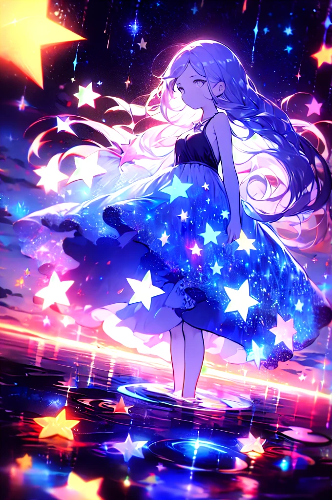xcdd, dress, wading, star, water, sky, night, glowing, sparkle, star, night sky, backlighting, light particles, floating hair,, absurdres, ultra detailed, masterpiece, best quality, aesthetic, detailed,, serious, 1girl, (white eyes:1.1), (grey eyes:1.3), white hair, very long hair, parted hair, parted bangs, medium breasts,