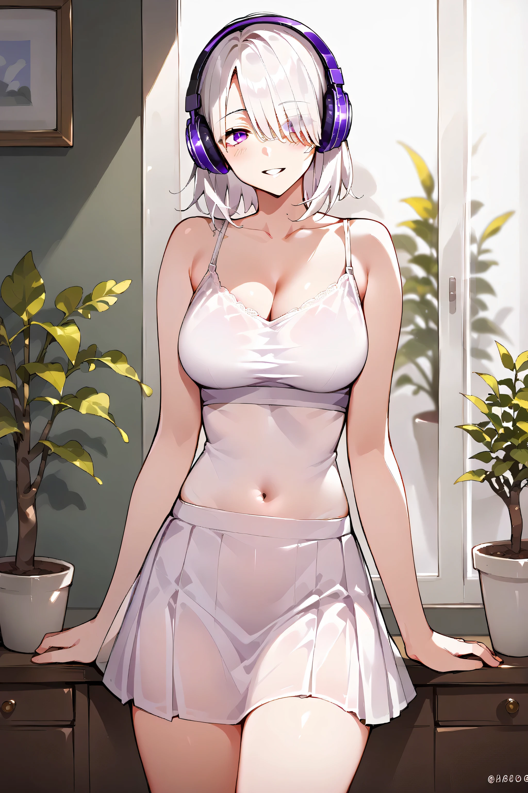 score_9,score_8_up,score_7_up, 1girl,looking at viewer,blush,smile,short hair,bangs,skirt,large breasts,shirt,navel,cleavage,bare shoulders,medium breasts,standing,purple eyes,collarbone,white shirt,flower,white hair,thighs,cowboy shot,pleated skirt,parted lips,sleeveless,midriff,indoors,miniskirt,medium hair,stomach,mole,hair over one eye,grin,crop top,see-through,bare arms,window,headphones,arm support,white skirt,eyes visible through hair,plant,taut clothes,spaghetti strap,potted plant
