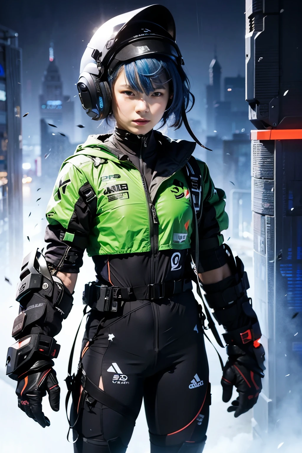 Japanese women、 Beautiful Face、(Realistic:1.3), Intricate details、(Ultra-Realistic Rendering:1.3), Light blue hair, Short Bob、Moonlight Eyes, Soft lighting, Track and field wear、Athletics Stadium、Long Jump、Full body photography