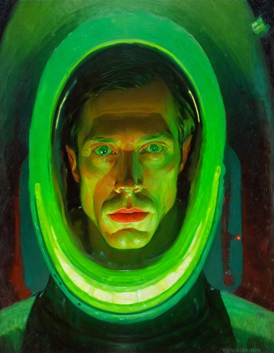 malcolm liepke painting on sensual illustration of an (highres:1.2),detailed portrait of a half-human, tall man from outer space, luminous aura, interior of an alien spaceship in detail, expressive look, green eyes, close-up, cinematic lighting, bright colors, particles of light, pulp poster art