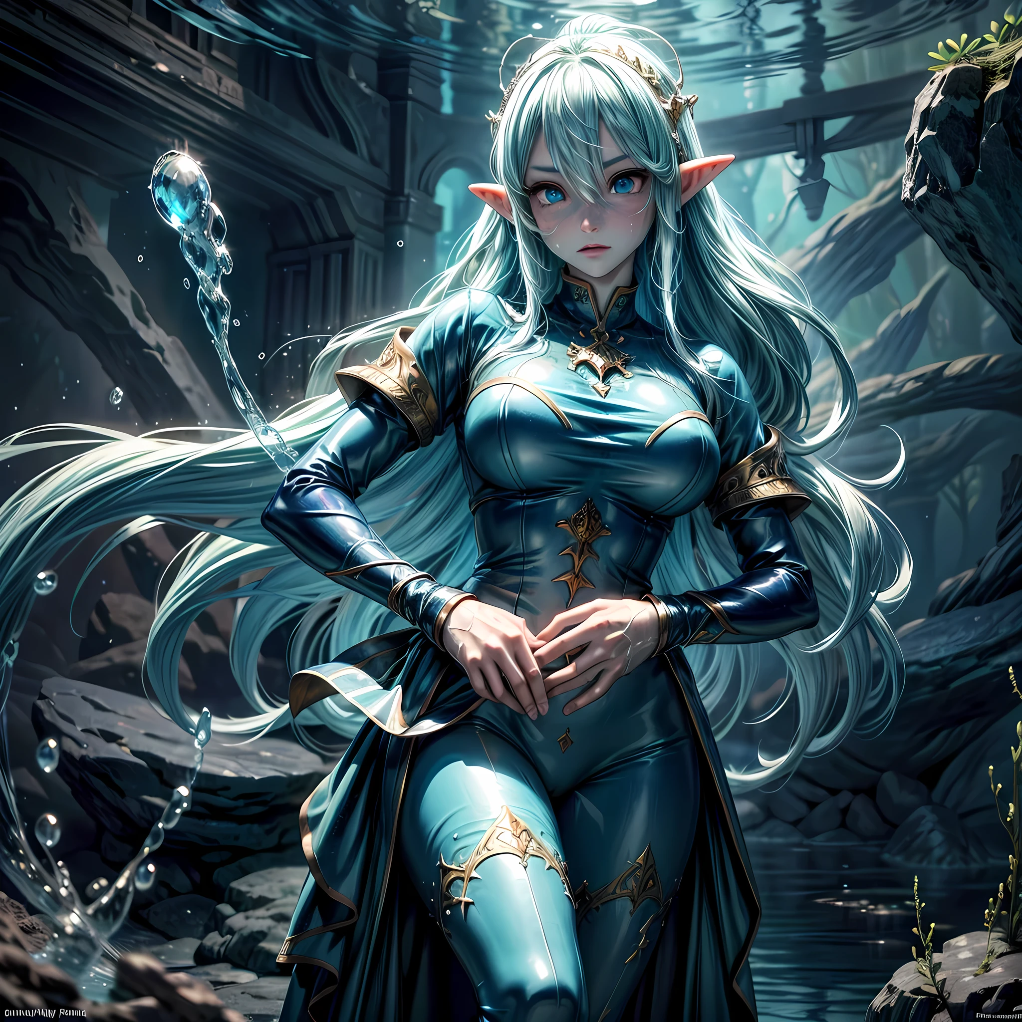 (best quality), ((masterpiece)), (highres), illustration, original, extremely detailed,1girl,( long hair:1.4) , solo, (kula diamond:1.4) , (ice:1.4) , purple eyes, breasts, gloves, hand on hip, belt, lips, ,(Fondo de ruinas de mazmorra en ruinas:1.4 ),( pose vaquero :1.4),( iluminación cinematográfica :1.4), (anatomía perfecta detallado :V2.1), Epic Fantasy Art Style HD, 4K fantasy art, epic fantasy digital art style, epic fantasy art style, Fantasy Woman, epic fantasy art portrait, Epic fantasy style, hyperrealistic fantasy art, hd fantasy art, Epic fantasy character art, epic fantasy art, in style of dark fantasy art, epic fantasy digital art,( face detailed :1.4), (ice cueva caverna slime :1.4), (ice :1.4), (Slime transparent :1.4)