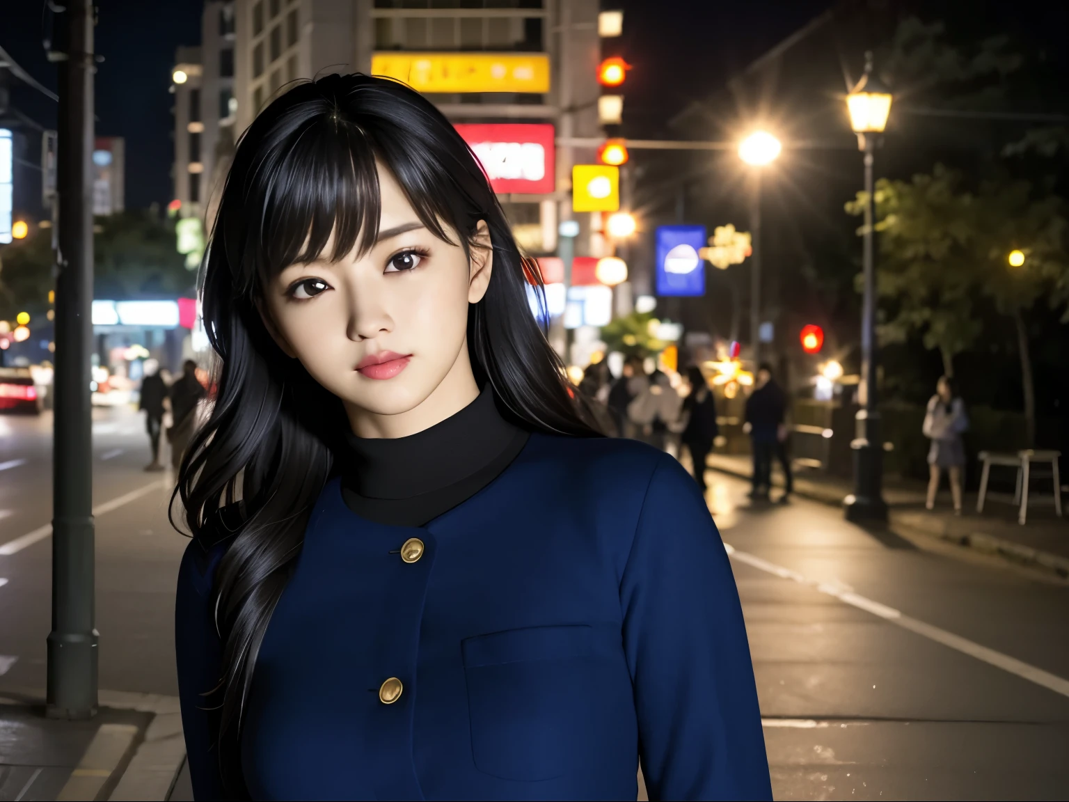 (8k, highest quality, masterpiece:1.2), (Realistic, photo-Realistic:1.37), Very detailed,highest quality, Ultra-high resolution, Professional Lighting, Photon Mapping, Radio City, Physically Based Rendering, Cinema Lighting, Late night roads,Written boundary depth, Sharp focus,Street lamp light、Good composition,(Bokeh:1.2) 1 girl,alone,(whole body), (Mouth closed),Beautiful Eyes,Beautiful thighs、 stop temporarily, Tight waist,Japanese women, Black Hair,Messy Hair,Hair blowing in the wind,(Ulzzang-6500:1.2) Mix 4, 25-year-old female、A shy smile、White jacket
