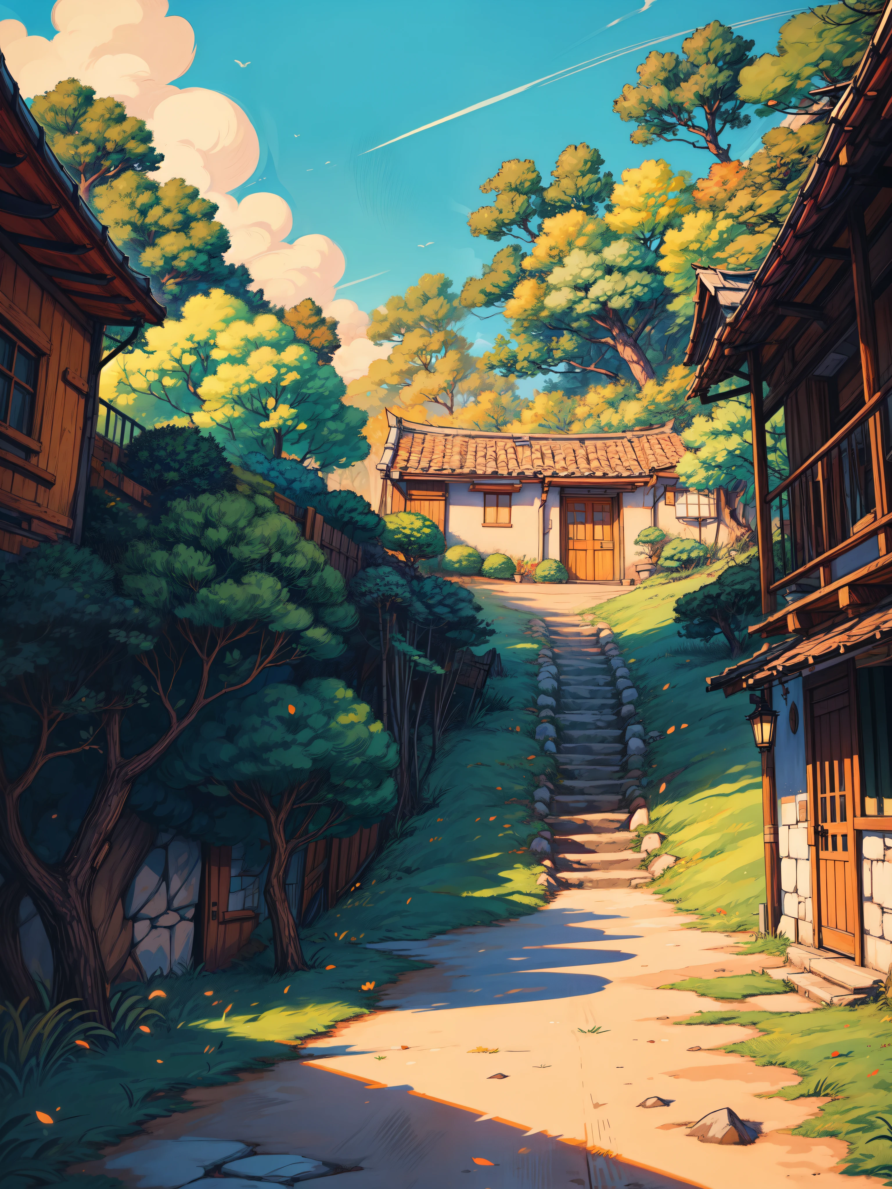 masterpiece, genshin impact background, beautiful, vibrant tones, thick lines, cozy tones, beautiful shiny sky, shade, shadow, ghibli style, outdoors, cozy atmosphere, micro landscape, intrinsic details