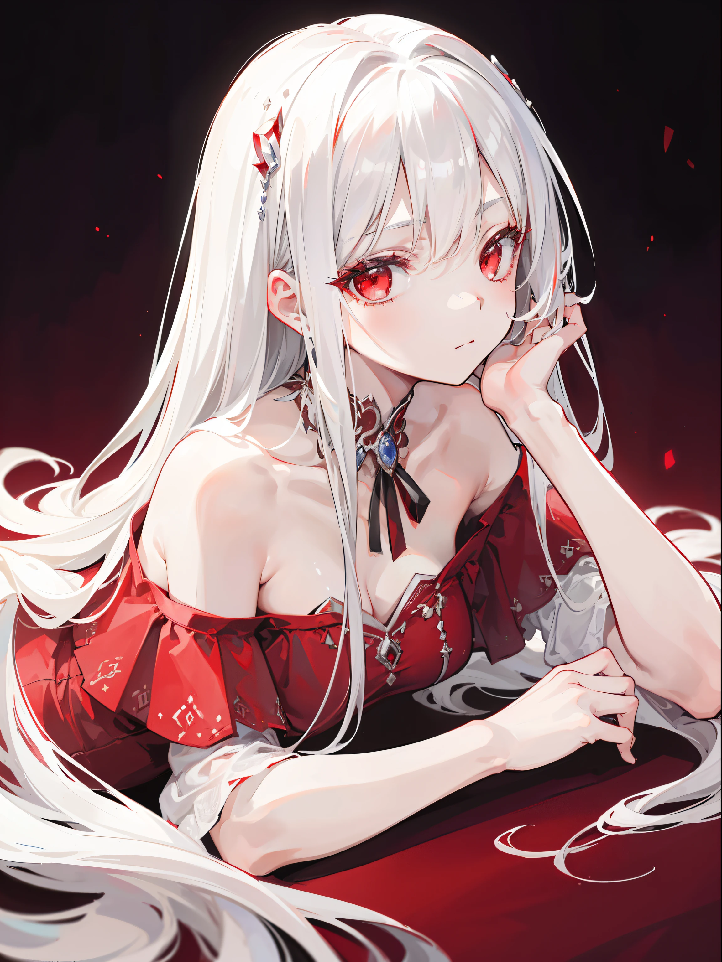 (bestquality, masterpiece), (An elegant girl , 1girl , solo, "Red and silver Dress ", off-the-shoulder, lying, looking at the audience, "White Hair", Long-haired, Long tied white hair, red eyes, closed mouth , Upper body), (background)