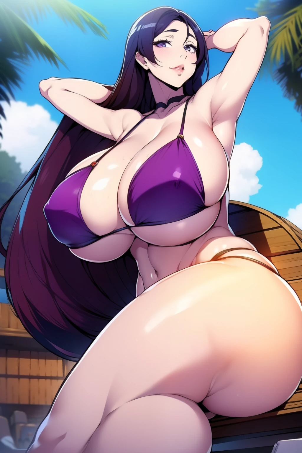 An anime-style artwork depicting minamoto no raikou from the game fate.
Tags: hmmr1, anime, detailed eyes, detailed lips, , (purplish blue hair), purple eyes, bare shoulders, (micro bikini : 1.4), clekin tight, long hair, solo, huge breasts, smxpression, intense gaze, dynamic pose, outdoor, pool, (lying on sun lounger), vibrant colors, digital art, high-resolution, professional quality, gigantic breasts, curvy, chot, (gigantic breasts: 1.4)