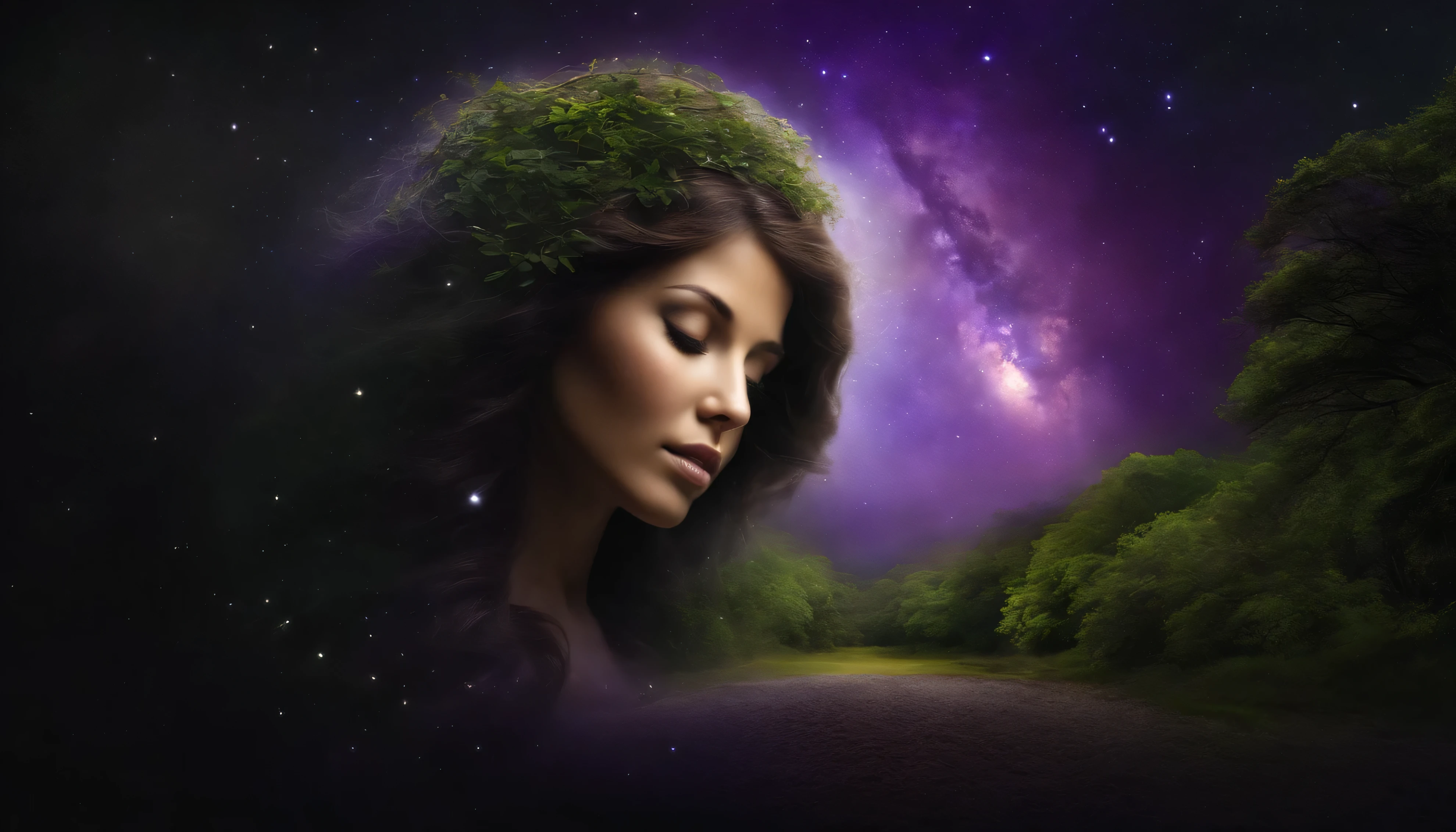 Human face in deep meditation, serenidade, aura brilhante e sutil, universo em roxo e violeta, Stars and galaxies, soft, ethereal clouds, connectedness, roots in the earth, branches to the starry sky, tons amarelados, paz interior, cosmic harmony