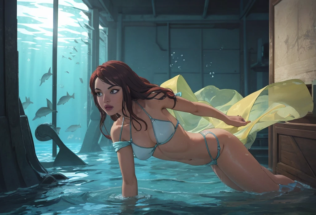 1girl, dives underwater, loose and short tunic, detailed skin texture, beautiful blue sea, sunlight streaming through the water, flowing wet hair, dreamlike atmosphere, vibrant underwater world, (8k, RAW photo, best quality, masterpiece:1.2),(realistic, photo-realistic:1.37),full body, underwater, bikini yellow