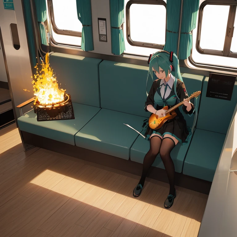 Hatsune Miku making a bonfire on a train