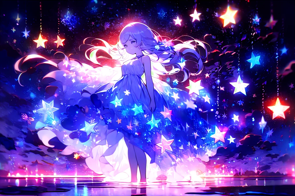 xcdd, dress, wading, star, water, sky, night, glowing, sparkle, star, night sky, backlighting, light particles, floating hair,, absurdres, ultra detailed, masterpiece, best quality, aesthetic, detailed,, serious, 1girl, (white eyes:1.1), (grey eyes:1.3), white hair, very long hair, parted hair, parted bangs, medium breasts,