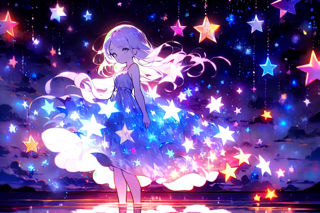 xcdd, dress, wading, star, water, sky, night, glowing, sparkle, star, night sky, backlighting, light particles, floating hair,, absurdres, ultra detailed, masterpiece, best quality, aesthetic, detailed,, serious, 1girl, (white eyes:1.1), (grey eyes:1.3), white hair, very long hair, parted hair, parted bangs, medium breasts,