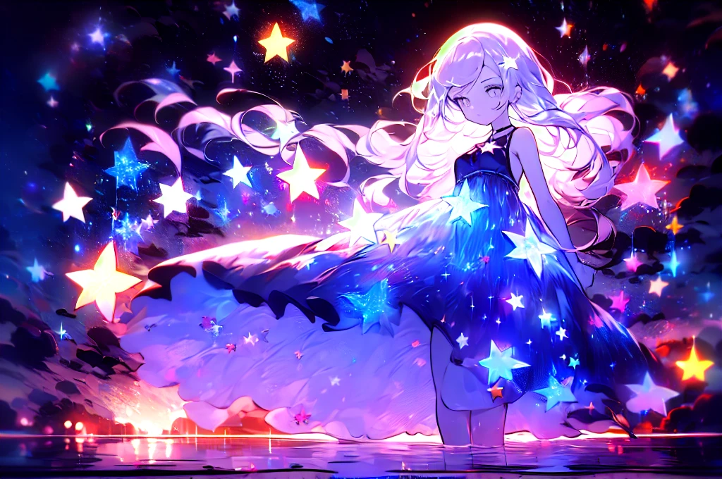 xcdd, dress, wading, star, water, sky, night, glowing, sparkle, star, night sky, backlighting, light particles, floating hair,, absurdres, ultra detailed, masterpiece, best quality, aesthetic, detailed,, serious, 1girl, (white eyes:1.1), (grey eyes:1.3), white hair, very long hair, parted hair, parted bangs, medium breasts,