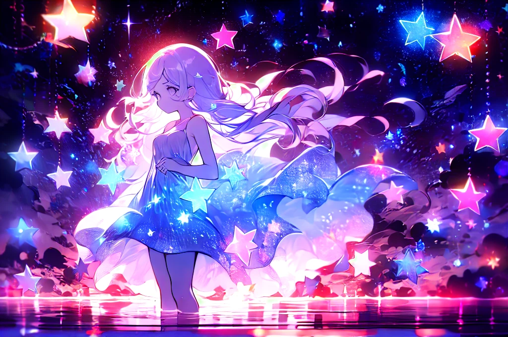 xcdd, dress, wading, star, water, sky, night, glowing, sparkle, star, night sky, backlighting, light particles, floating hair,, absurdres, ultra detailed, masterpiece, best quality, aesthetic, detailed,, serious, 1girl, (white eyes:1.1), (grey eyes:1.3), white hair, very long hair, parted hair, parted bangs, medium breasts,