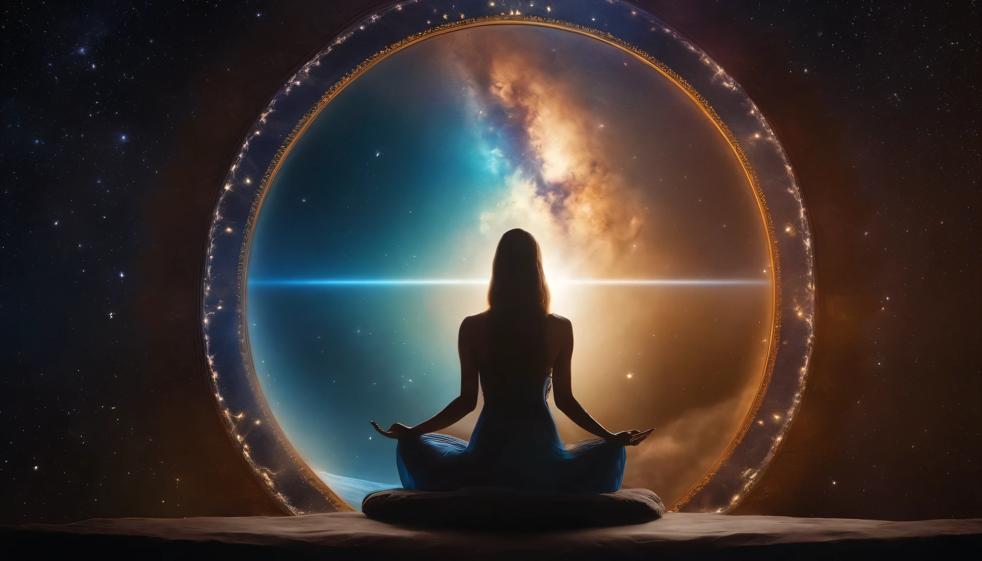 Mystical woman in the middle of the universe Astral body, deep meditation, Etéric atmosphere, Aurico