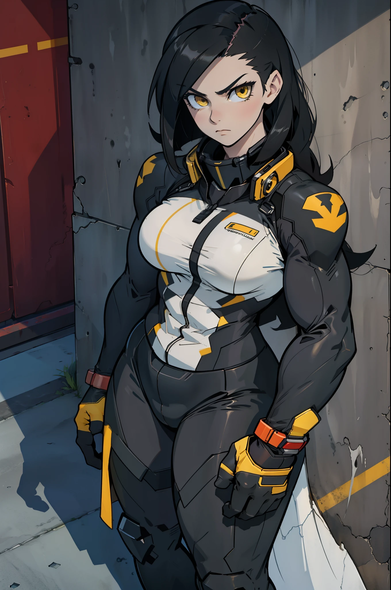 1 girl, black hair, yellow eyes, very long hair, pale skin, ((((extremely muscular)))), large breasts, curvy, concrete, shadow, dark atmosphere, (pilot suit)