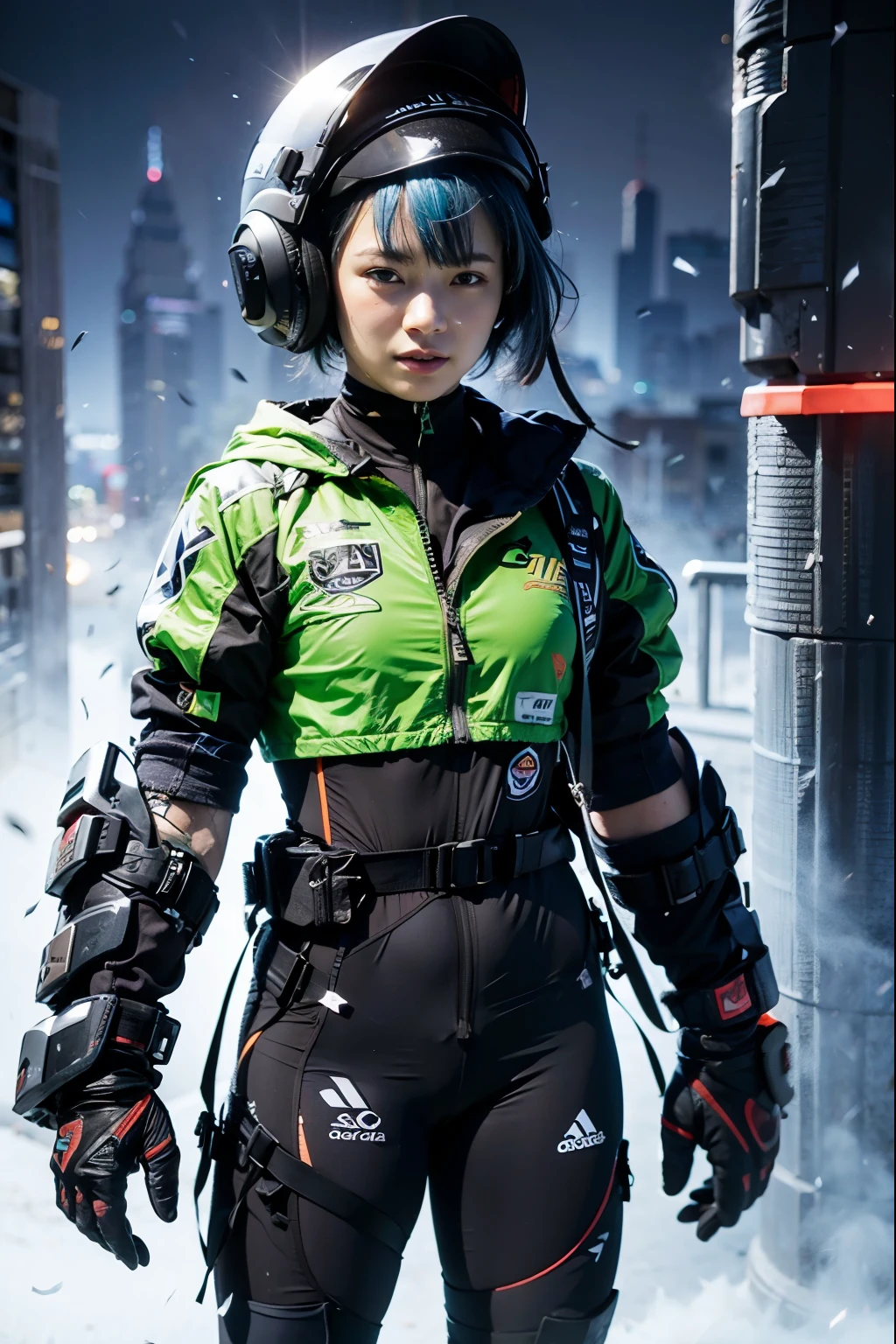 Japanese women、 Beautiful Face、(Realistic:1.3), Intricate details、(Ultra-Realistic Rendering:1.3), Light blue hair, Short Bob、Moonlight Eyes, Soft lighting, Track and field wear、Athletics Stadium、Long Jump、Full body photography