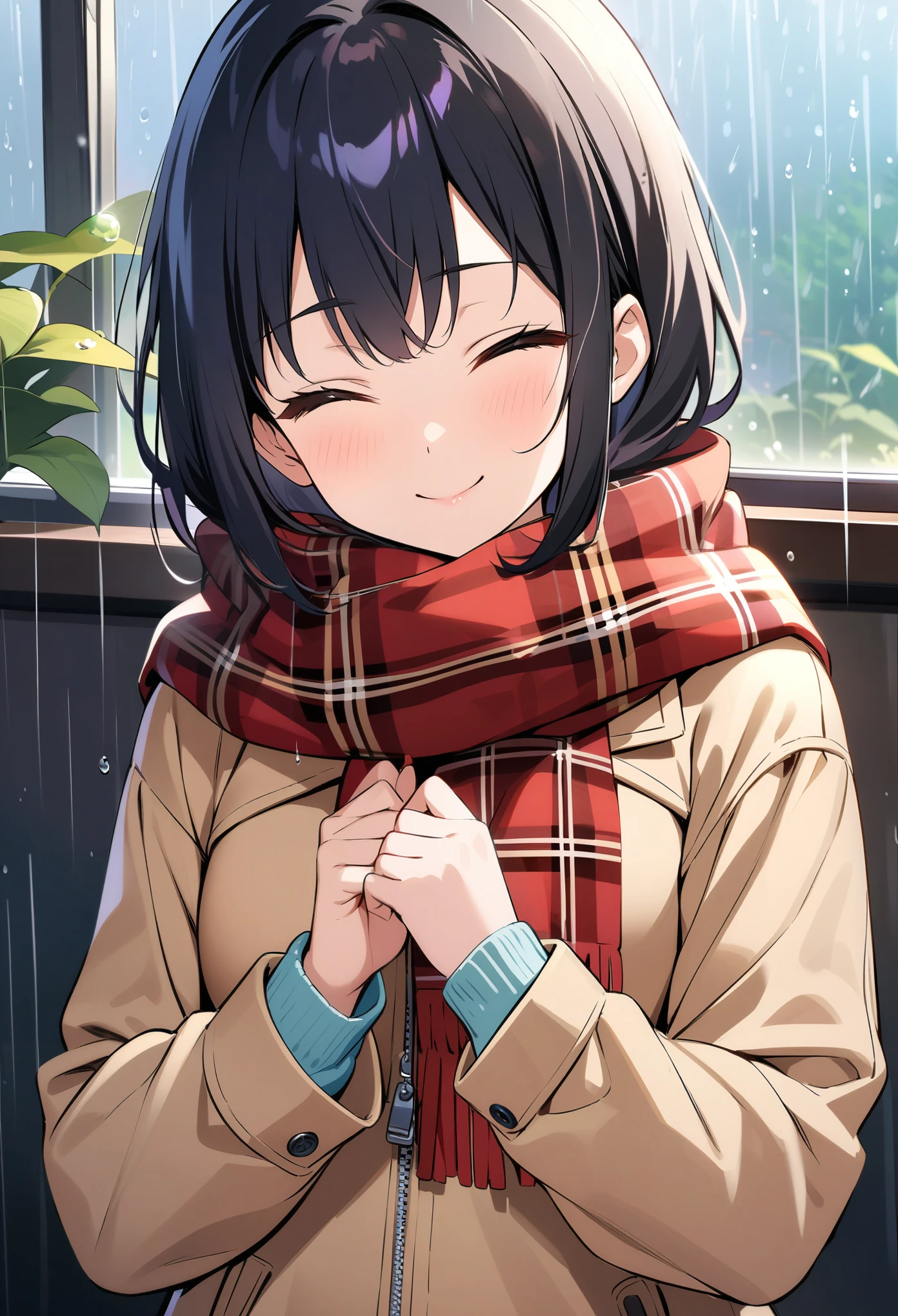 Top image quality，Top animation quality，Exquisite details，Cute anime in 2023，((solo))，Upper Body，A woman，Beautiful long black hair，Squinting，Smile，Wearing a plaid scarf，Beige long-sleeved jacket，zip up，Place your hands on your belly，Gentle feminine，Virtuous，warm feeling，Glass background，rain on windows，(Practical:1.1)，Rain and dew effects