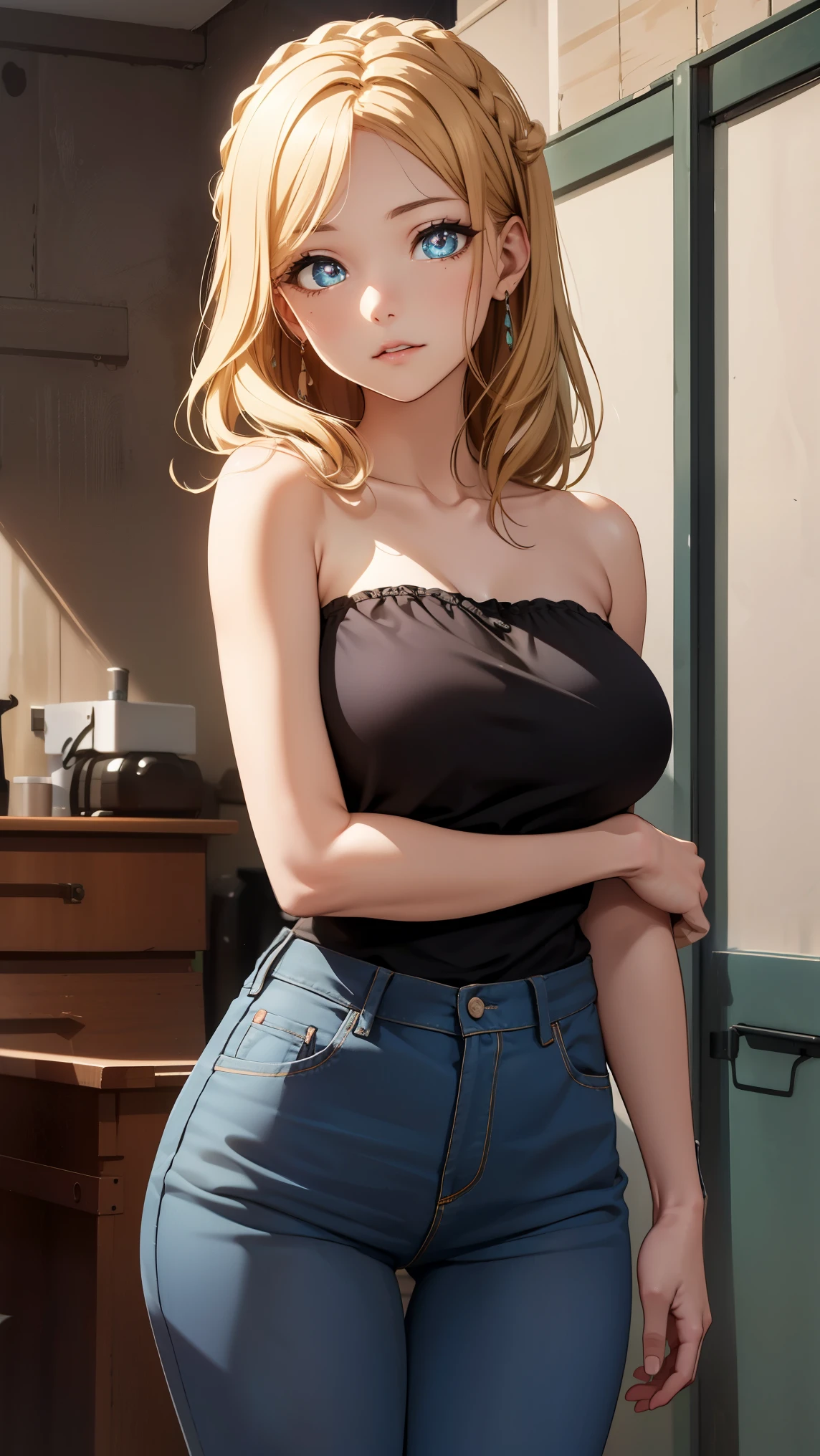 medium breasts, ohara mari, hair rings, blonde hair, yellow eyes, crown braid, medium hair,
BREAK shirt, bare shoulders, collarbone, black shirt, strapless, pants, denim,
BREAK indoors, clinic,
BREAK looking at viewer, (cowboy shot:1.5),
BREAK (masterpiece:1.2), best quality, high resolution, unity 8k wallpaper, (illustration:0.8), (beautiful detailed eyes:1.6), extremely detailed face, perfect lighting, extremely detailed CG, (perfect hands, perfect anatomy),