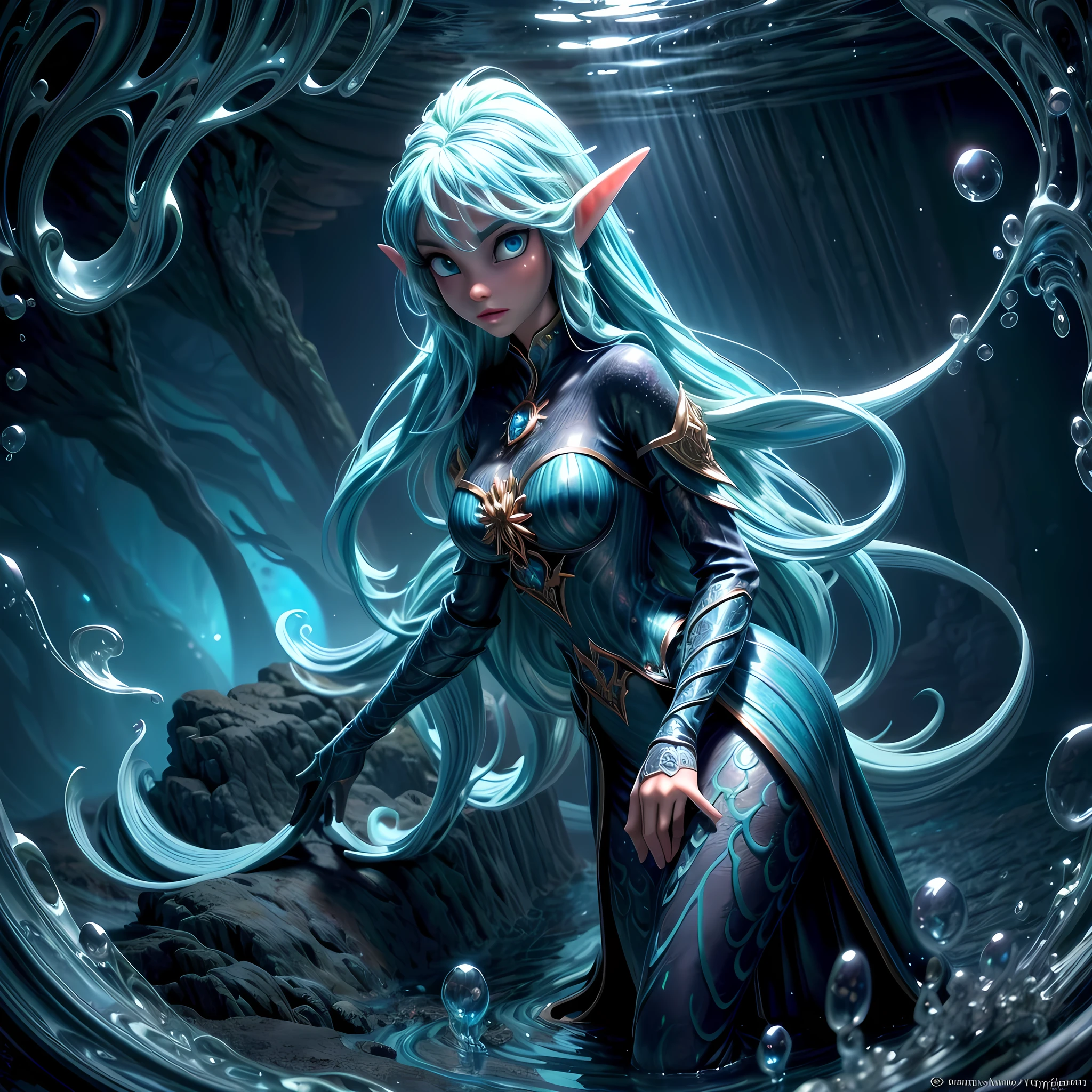 high details, best quality, 16k, [ultra detailed], masterpiece, best quality, (extremely detailed), dynamic angle, ultra wide shot, RAW, photorealistic, fantasy art, dnd art, rpg art, realistic art, an ultra wide picture of a sea elf (1.5 intricate details, Masterpiece, best quality) water mage casting ((water control spell)), water wizard ((water magic, intense magic details)), (( controlling a swirling mass of water)), magical symbols, female sea elf, blue skin, green hair, long hair, swirling hair, intense eyes, small pointed ears, ((blue eyes)), ((glowing eyes)), armed with magical wand, wearing sea shell clothing, beautiful elf, underwater background, rich underwater life, ((magical atmosphere)), fish and sea weeds, high details, best quality, highres, ultra wide angle