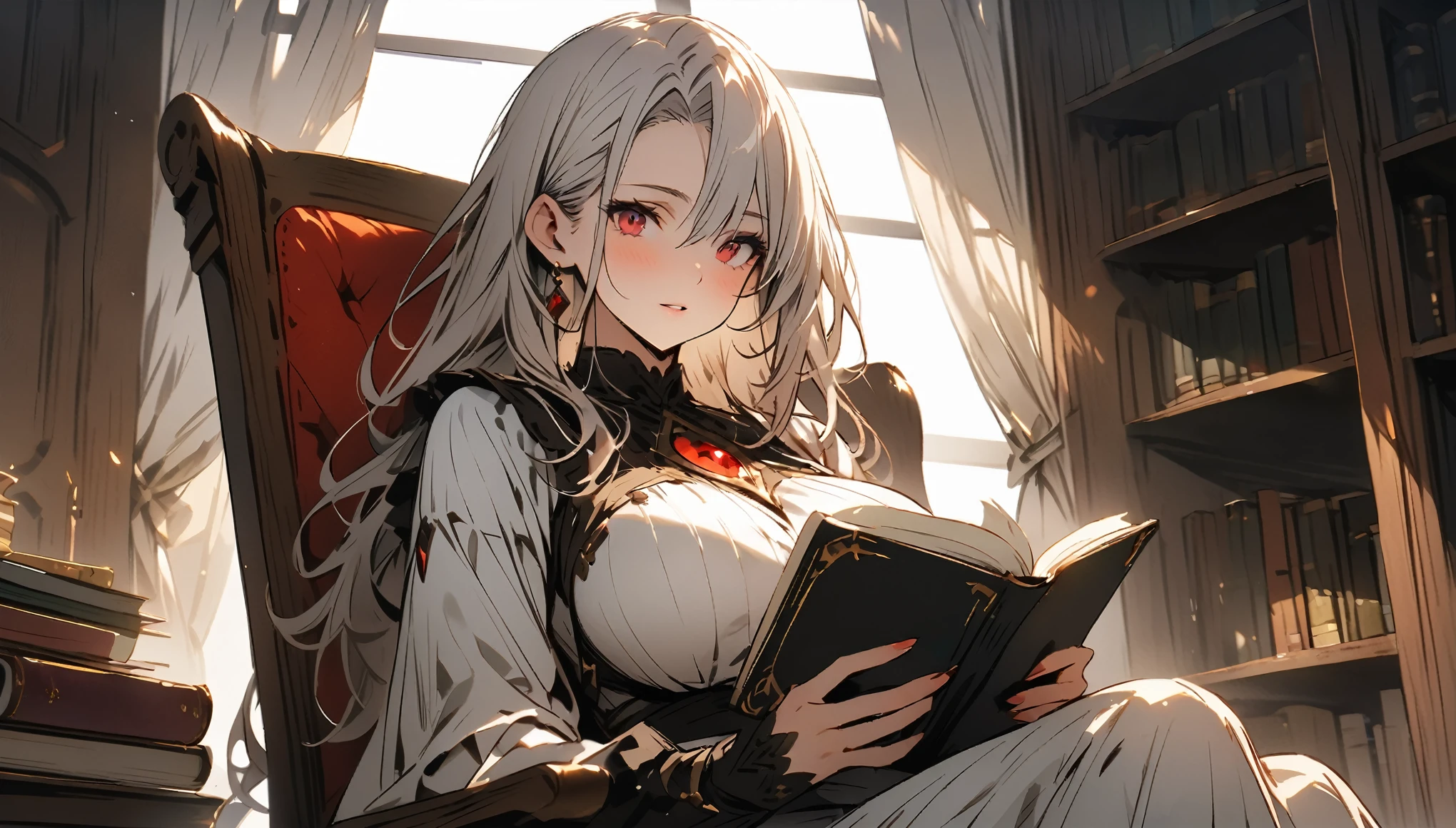 ((masterpiece)), ((best quality)), ((high resolution)), ((in room)), (white room, white wall, windows, bookcase, book, read a book, holding a book)), ((white hair, long hair, mature female, red eyes, breast, fantasy clothes)), sitting on chair, skin is wet and shiny, ((tilts head, View from the front:1.2)), ((Extremely detailed CG unified 8k wallpaper