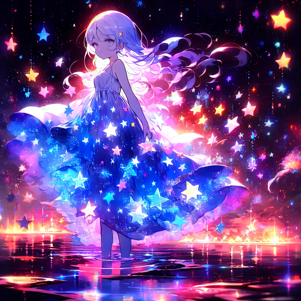 xcdd, dress, wading, star, water, sky, night, glowing, sparkle, star, night sky, backlighting, light particles, floating hair,, absurdres, ultra detailed, masterpiece, best quality, aesthetic, detailed,, serious, 1girl, (white eyes:1.1), (grey eyes:1.3), white hair, very long hair, parted hair, parted bangs, medium breasts,