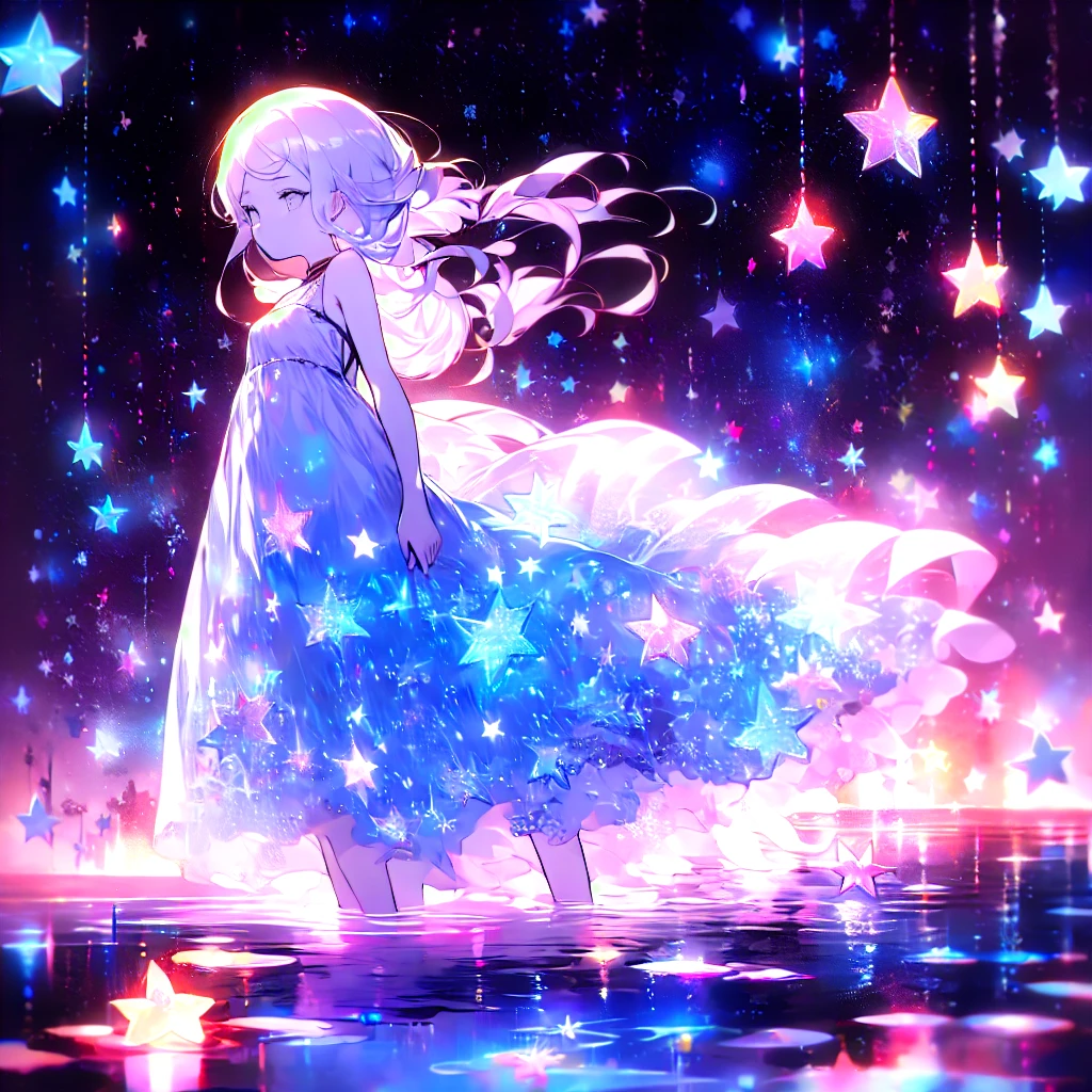 xcdd, dress, wading, star, water, sky, night, glowing, sparkle, star, night sky, backlighting, light particles, floating hair,, absurdres, ultra detailed, masterpiece, best quality, aesthetic, detailed,, serious, 1girl, (white eyes:1.1), (grey eyes:1.3), white hair, very long hair, parted hair, parted bangs, medium breasts,