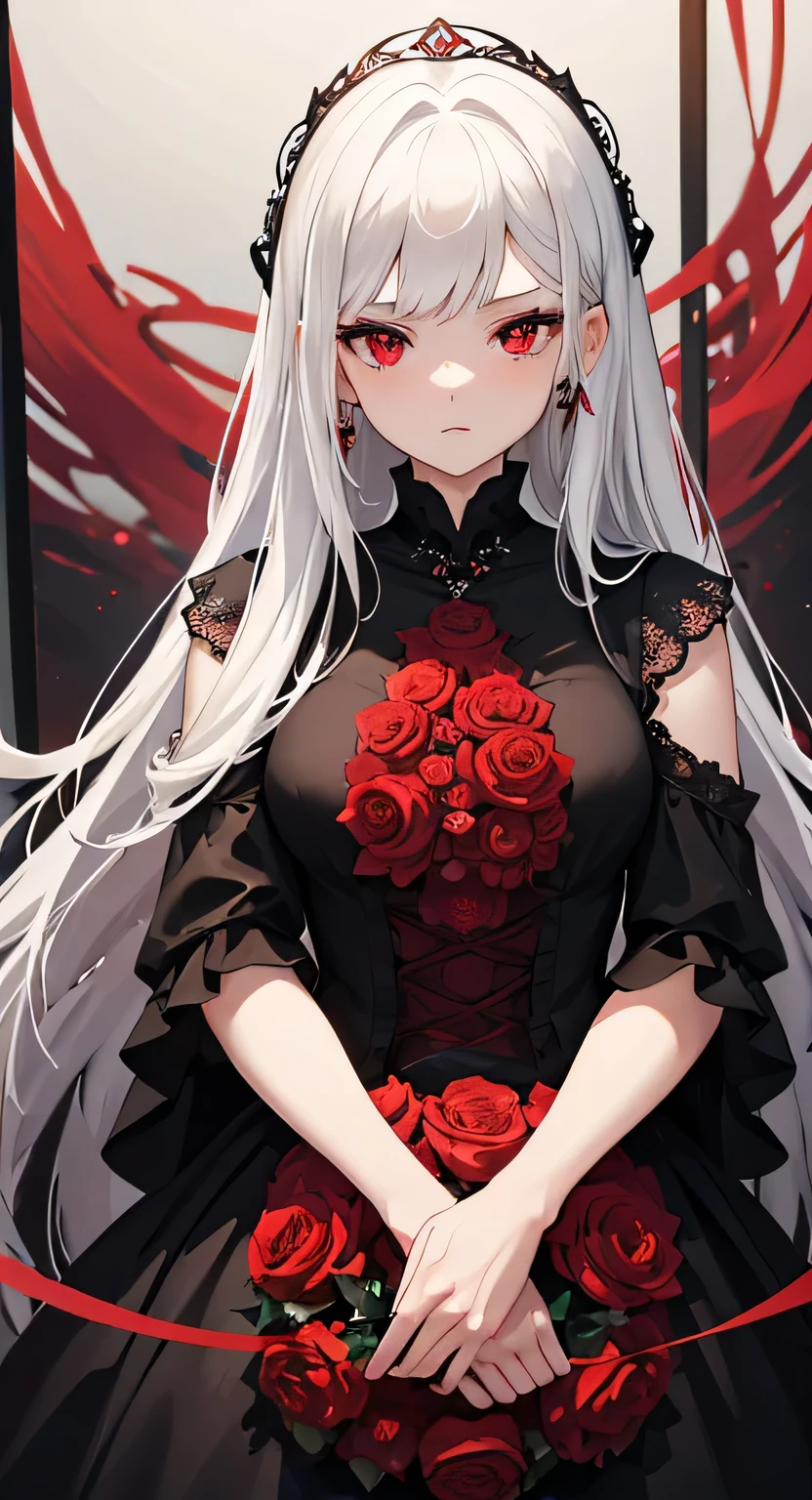 woman in a black and red dress, girl wearing a black and red dress, in dress, beautiful alluring woman, cute waifu in a nice dress, gothic maiden girl, red eyes, white hair, 8k high quality detailed art, beautiful anime girl, guweiz, beautiful anime woman, attractive anime girl, hands behind back