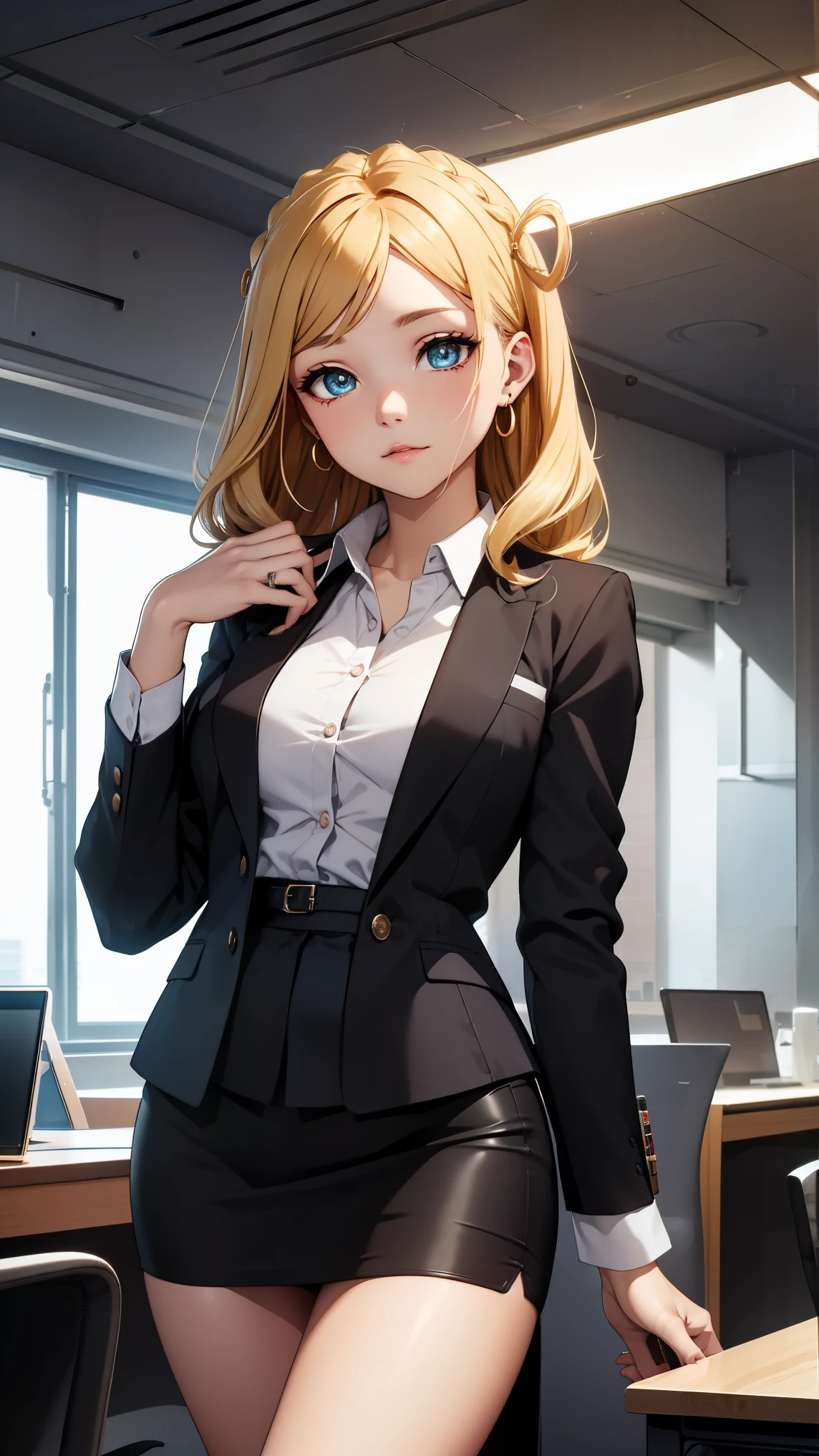 medium breasts, ohara mari, hair rings, blonde hair, yellow eyes, crown braid, medium hair,
BREAK (business suit, dress shirt, earrings, formal, high heels, jacket, miniskirt, office lady, open collar, pencil skirt, shirt, skirt, suit:1.2),
BREAK indoors, clinic,
BREAK looking at viewer, (cowboy shot:1.5),
BREAK (masterpiece:1.2), best quality, high resolution, unity 8k wallpaper, (illustration:0.8), (beautiful detailed eyes:1.6), extremely detailed face, perfect lighting, extremely detailed CG, (perfect hands, perfect anatomy),