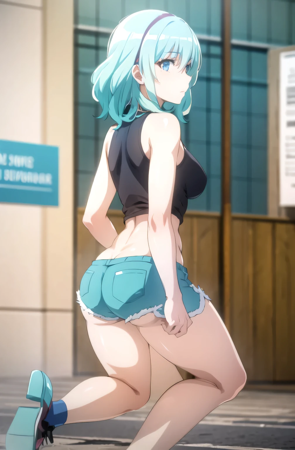 aqua hair, medium hair, blue eyes,sport (top tank,shorts),squat