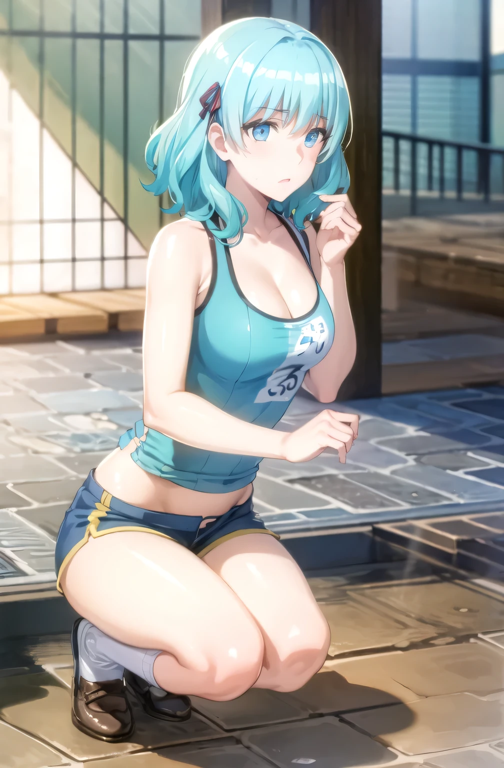 aqua hair, medium hair, blue eyes,sport (top tank,shorts),squat
