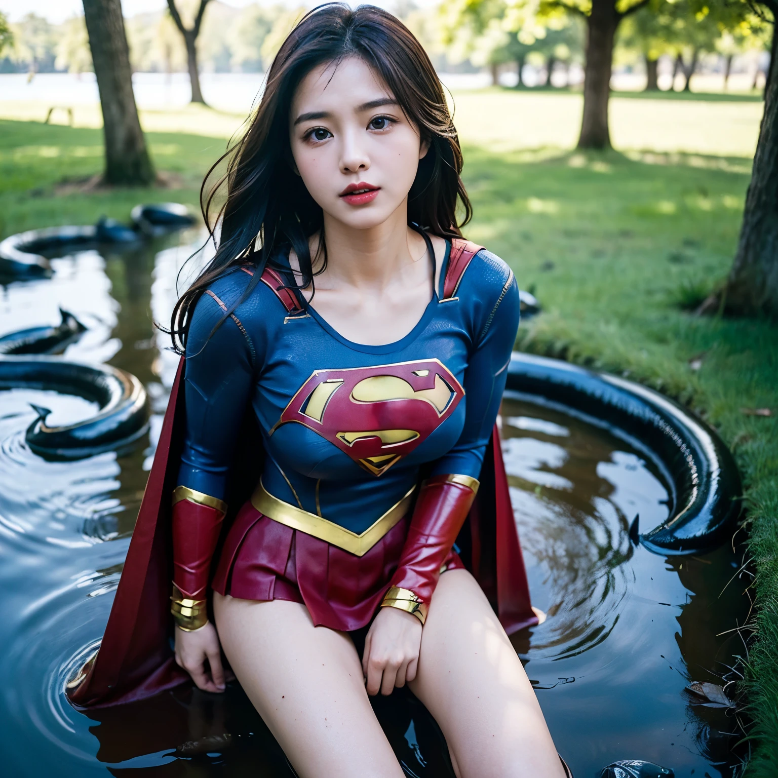 Beautiful Supergirl portrait、(Accurate Supergirl costume:1.3)、Glaring at the enemy、Open your mouth、Thigh、(Emphasize large breasts:1.3)、Studio shot、White background、Sunlight、front、Swamp、(Countless slugs crawling on my body:1,6)、(Slugs in the mouth:1.6)、