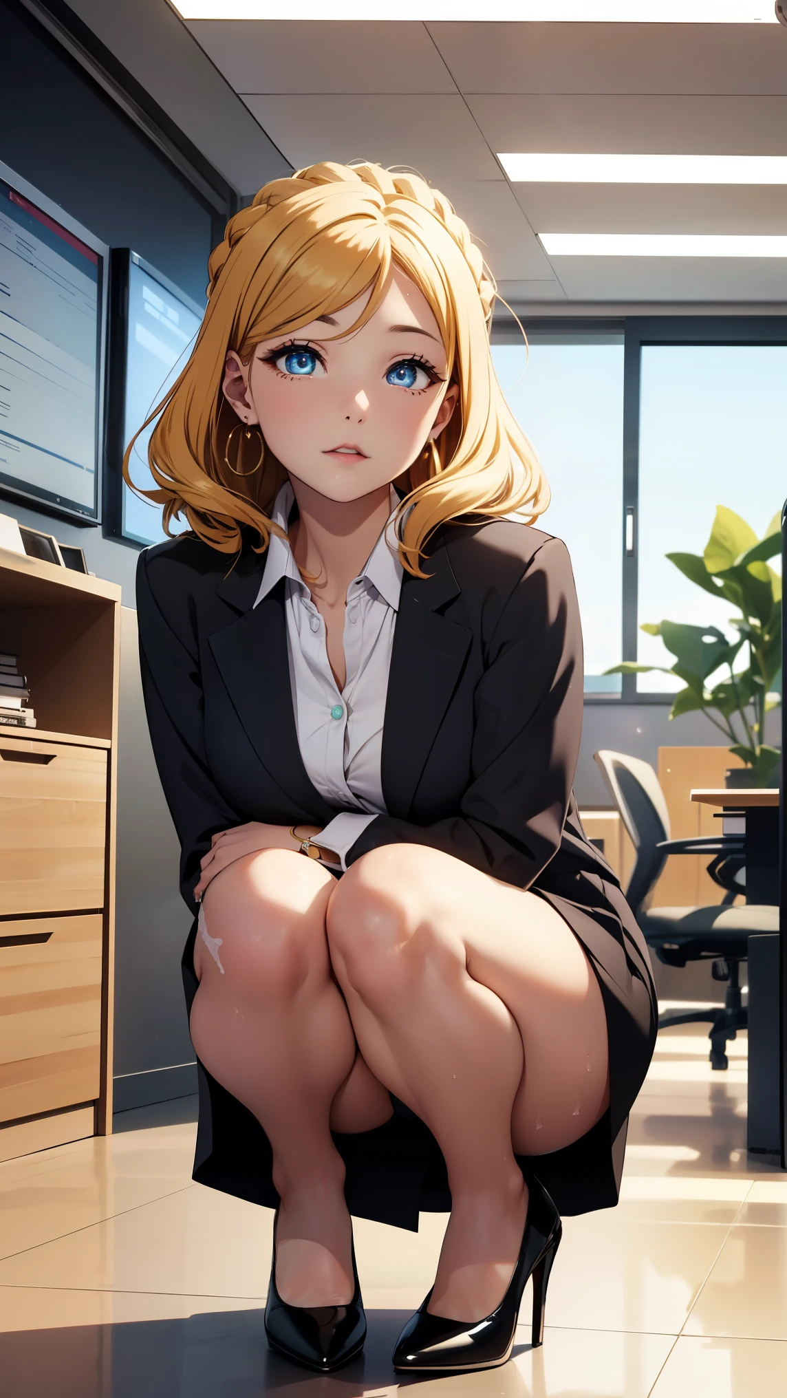 medium breasts, ohara mari, hair rings, blonde hair, yellow eyes, crown braid, medium hair,
BREAK (business suit, dress shirt, earrings, formal, high heels, jacket, miniskirt, office lady, open collar, pencil skirt, shirt, skirt, suit:1.2),
BREAK indoors, clinic,
BREAK is on the whole body、The whole body is dirty with yogurt、peeing herself、One woman pulling up her skirt、Wet、Heart and white panties、crouching down,
BREAK (masterpiece:1.2), best quality, high resolution, unity 8k wallpaper, (illustration:0.8), (beautiful detailed eyes:1.6), extremely detailed face, perfect lighting, extremely detailed CG, (perfect hands, perfect anatomy),