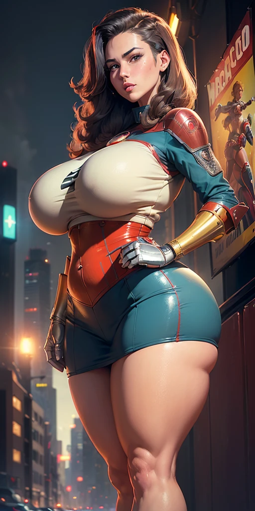 American World War II poster, Gil Elvgren style ((USA Poster, American Poster)) (((A young woman with straight dark hair long size up to her waist in superhero pose))) ((detailed outfit entirely red with gold)) (cars in the background of the image) (((robotic left arm)) (((cyberpunk arm))propaganda Poster, hero uniform, 1 girl, solo, good body, poster design, poster art style. 1980s, 1950s, 1960s, 1940s, basic color scheme, very colorful poster, colorful art, third rule, inspiring, woman, 1 25-year-old girl, hair blowing in the wind, looking at the viewer, blurred background, thick legs, green eyes, (wide hips:1.2), (chubby:1.2), (huge :1.4),