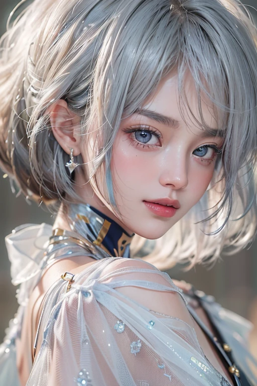 (masterpiece:1.3), (8k, Photorealistic, Raw photo, Best image quality: 1.4), Fair-skinned fairy woman、short Haircut、hair blowing , , Cleavage:2.0、Super detailed face、Attention to detail、double eyelid、Put your chest together、Sharp focus:1.2、Beautiful woman:1.4、Silvery white hair、highest quality、masterpiece、超A high resolution、(Photorealistic:1.4)、Highly detailed and professionally lit smile、Loose, light, futuristic clothing、Shoulder out、thin、Serious expression、Short-haired、Deadly position, gorgeous earrings, one person 