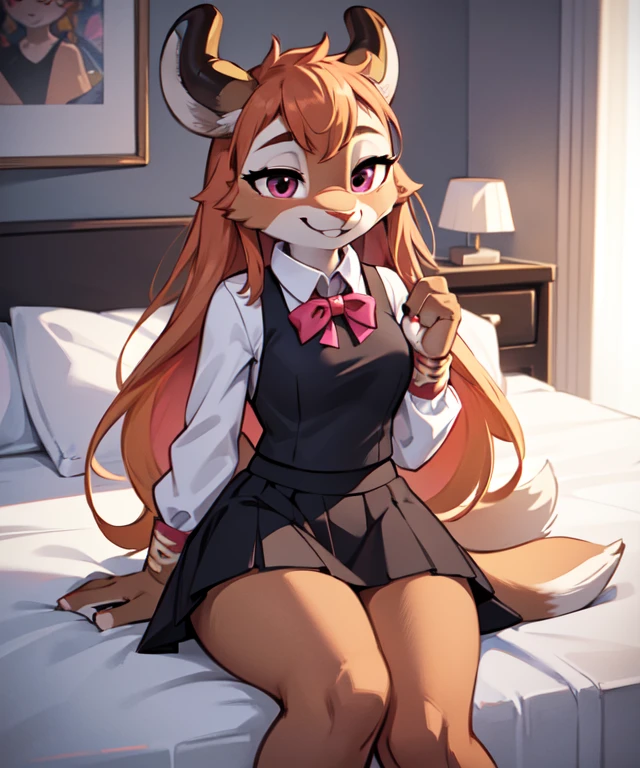 1girl, (anthro furry:1.2), TsunodaCzar, (two-toned fur, orange fur, black eyes, deer ears, horns, snout), (pink blouse, black skirt, smiling), (interior, office), (masterpiece:1.2), hires, ultra-high resolution, 8K, high quality, (sharp focus:1.2), clean, crisp, cinematic,Swimwear、、White shirt、transparent、Abdominal muscles、bed、Lying down、Looking up、sit