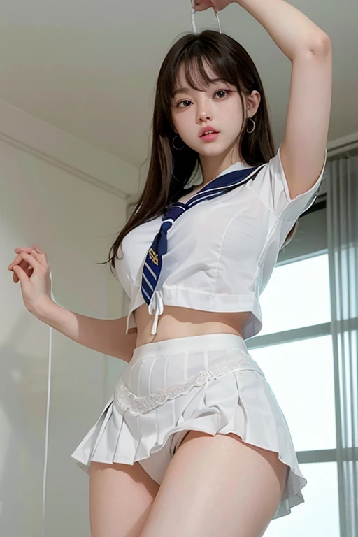 highest quality、、high school girl 、very cute、((Large Breasts))、((Cute Woman))、((Showing the viewer her white lace panties))、(Ecstasy face)、Long brown hair with bangs、Earrings、Long legs、Perfect balance、Slim woman、(Increase the resolution)、(8k)、(Very detailed)、(Beautiful big eyes)、Droopy eyes、(Watery eye)、(highest quality)、(Very detailed)、(masterpiece)、(wallpaper)、(Detailed face)、((White short-sleeved sailor suit:1.3))、(Navy Pleated Mini Skirt:1.5)、((Perfect Anatomy))、Perfect limbs、Perfect Fingers、((very slim thin thighs))、(very slim slender legs)、((barefoot))、(Spread your legs:1.5)、(Lift one leg and tie it:1.5)、((White panties exposed:1.5))、Handcuffed、((With both arms tied with rope))、(((Raise your arms straight up)))、(((Suspended from the ceiling)))、((bondage))、(Angle from below)、((White panties are visible))、(A detailed drawing of white lace panties:1.3)、(Focus on white panties)、(Focus from the bottom to the crotch)、In a hotel room、