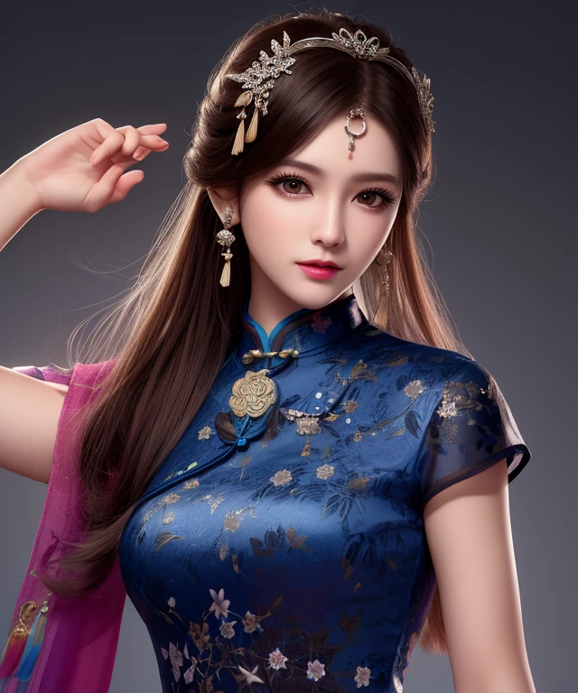 best quality, masterpiece, high resolution, 1 Girl,cheongsam,Hair accessories,necklace, jewelry,Pretty Face,Above_Body, Tyndall effect,Reality, Dark Studio, Edge lighting, Two-tone lighting,(Highly detailed skin:1.2), 8K Ultra HD, DSLR camera, soft light, high quality, Volumetric Lighting, frank, photo, high resolution, 4K, 8k, Bokeh,