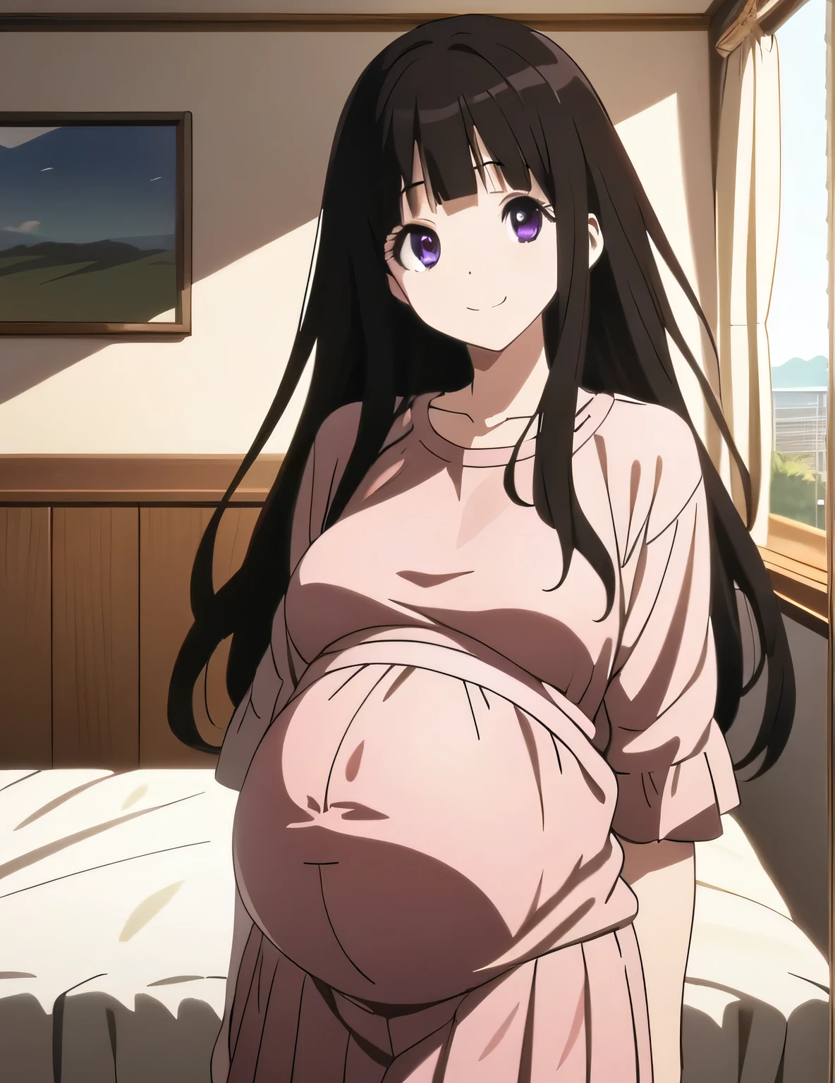 1girl,
chitandaeru,
long hair, black hair, purple eyes, pregnant Belly,
Cute pink clothes, skirt,
smile,
Bed room,
cowboy shot,
masterpiece, best quality, ultra detailed, highres,4k,(ultra-detailed:1.4) (illustration:0.5), (ray tracing,:0.8),(anime colored:0.7),(ai-generated:0.5), (anime screencap:1.2),