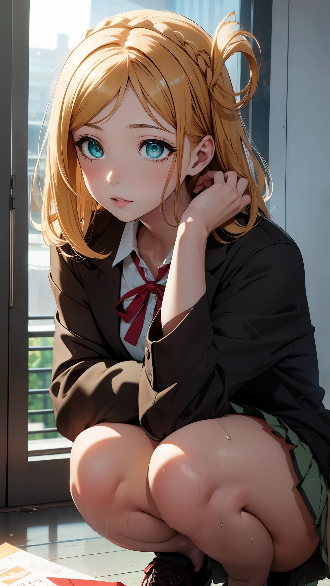 medium breasts, ohara mari, hair rings, blonde hair, yellow eyes, crown braid, medium hair,
BREAK (brown_jacket,White collared shirt, Green_pleated_skirt,,  red ribbon:1.2),
BREAK indoors, clinic,
BREAK is on the whole body、The whole body is dirty with yogurt、peeing herself、One woman pulling up her skirt、Wet、Heart and white panties、crouching down,
BREAK (masterpiece:1.2), best quality, high resolution, unity 8k wallpaper, (illustration:0.8), (beautiful detailed eyes:1.6), extremely detailed face, perfect lighting, extremely detailed CG, (perfect hands, perfect anatomy),