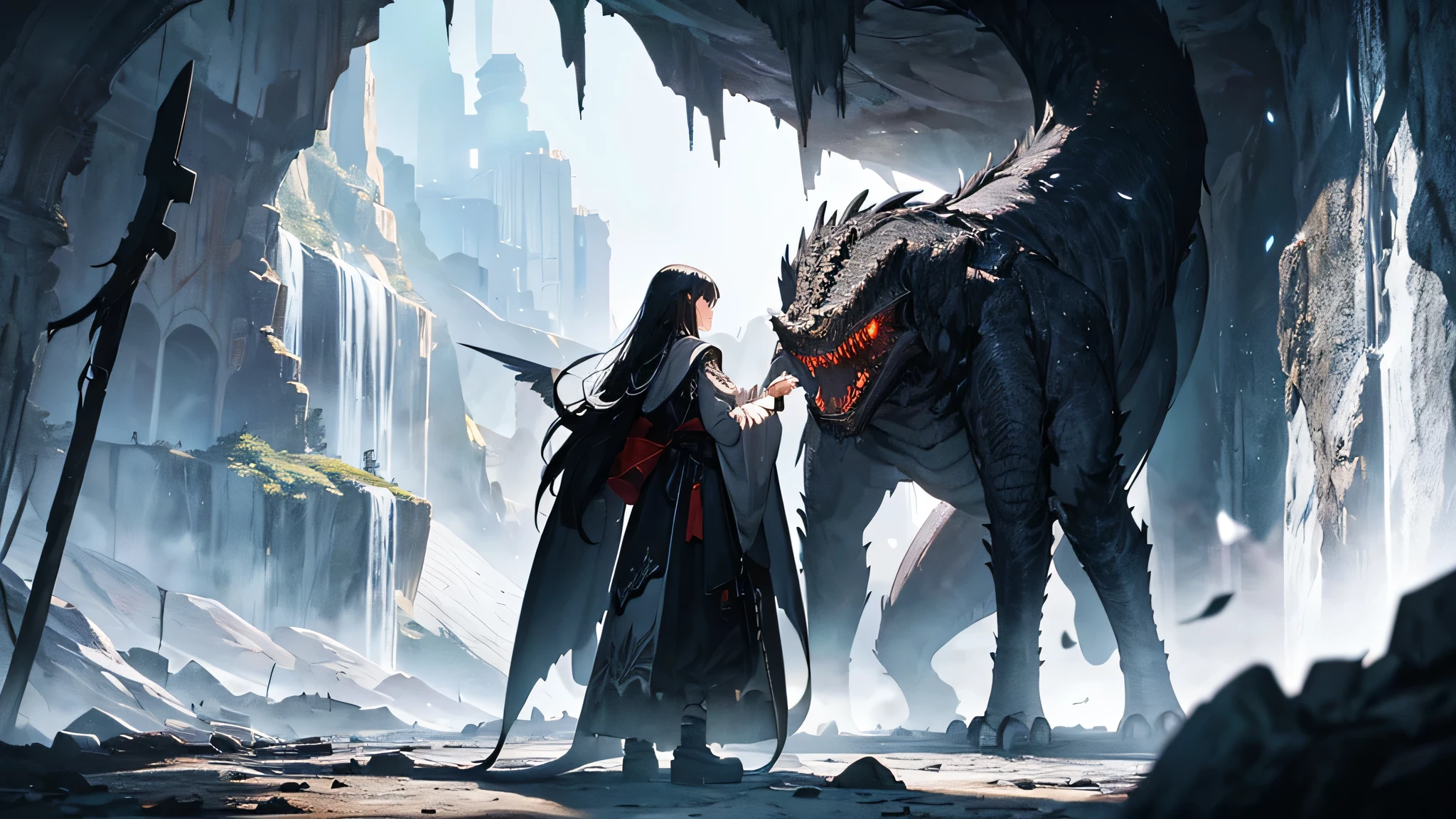 A detailed illustration of a girl with long, braided black hair and a young man with black hair in tattered white clothes, both in black and white adventurer outfits, standing in a dark underground cave holding torches, facing a menacing basilisk cobra monster. Fantasy theme, high detail, black and white, cave environment, torchlight, intense expressions, horizontal orientation. --s 150 --ar 16:9 --c 5