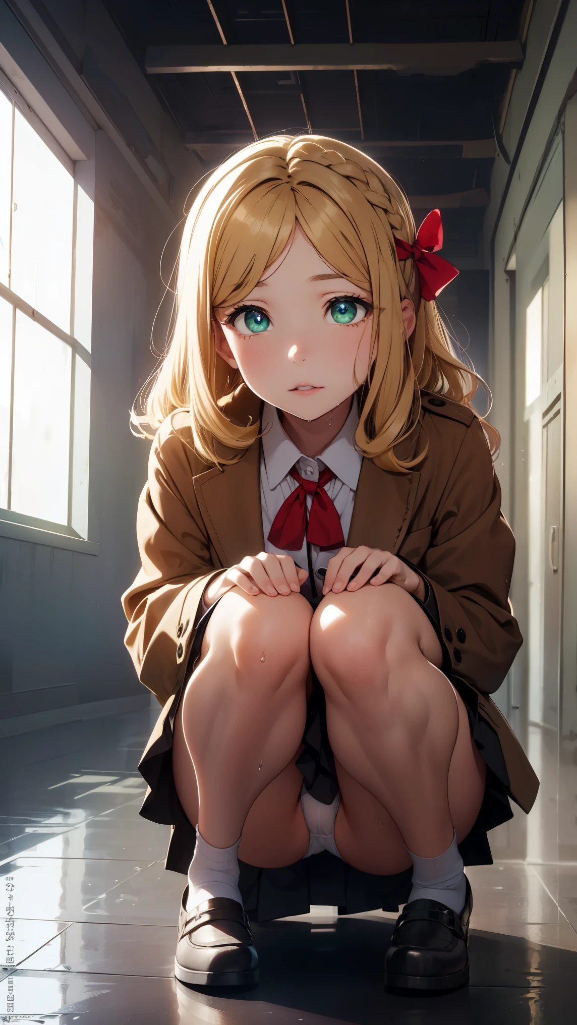 medium breasts, ohara mari, hair rings, blonde hair, yellow eyes, crown braid, medium hair,
BREAK (brown_jacket,White collared shirt, Green_pleated_skirt,, red ribbon:1.2),
BREAK indoors, clinic,
BREAK is on the whole body、The whole body is dirty with yogurt、peeing herself、One woman pulling up her skirt、Wet、Heart and white panties、crouching down,
BREAK (masterpiece:1.2), best quality, high resolution, unity 8k wallpaper, (illustration:0.8), (beautiful detailed eyes:1.6), extremely detailed face, perfect lighting, extremely detailed CG, (perfect hands, perfect anatomy),