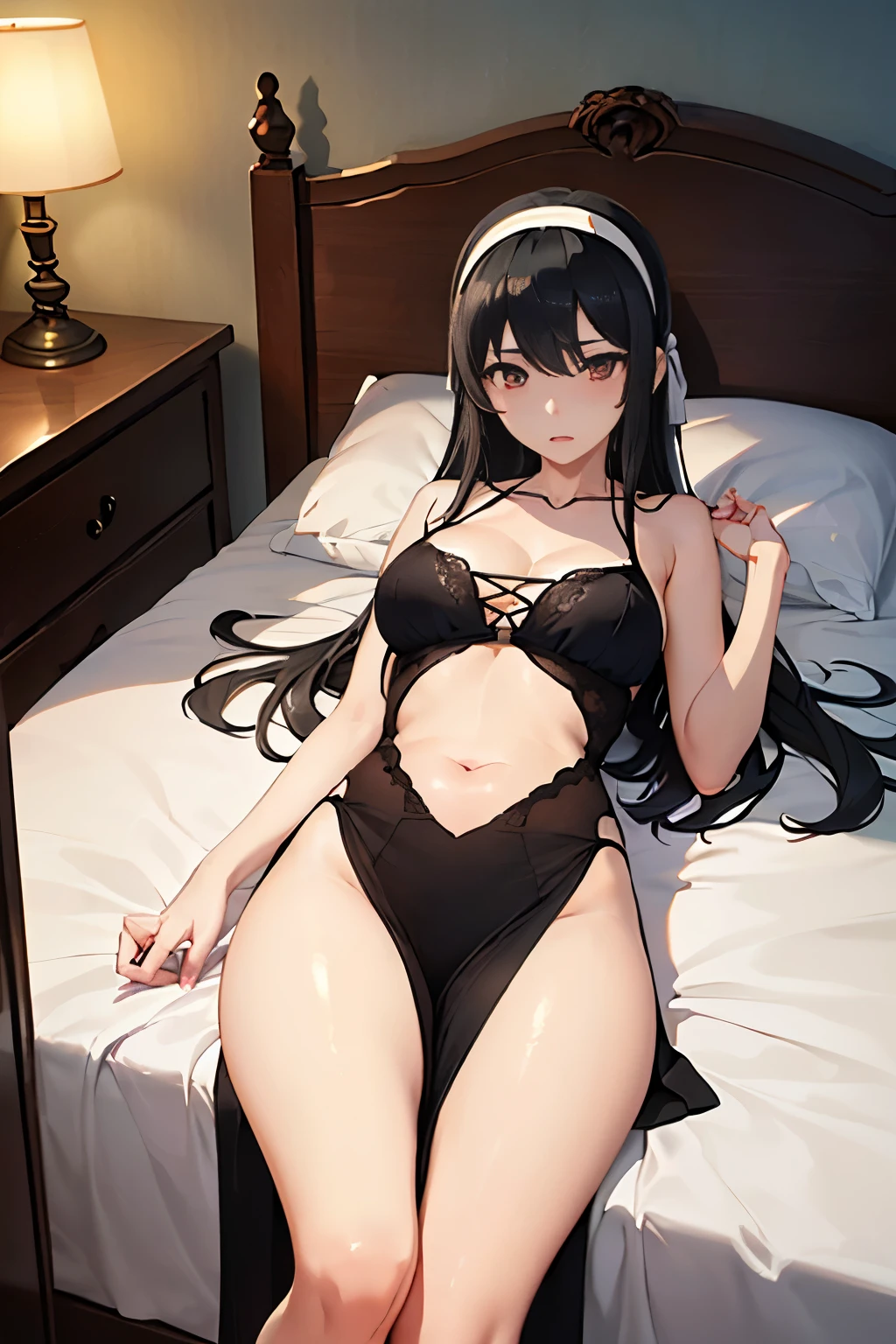 masterpiece、highest quality、High resolution、1 girl、Her Room、(alone)、(Beautiful long black hair)、Bright red eyes、blush、slender、Thin thighs、((yor_briar_spyxfamily、hair band、Jet Black Hair、Collapsed in bed、Underarm、The flanks are visible、Big slit、No underwear、Dresses wide open))