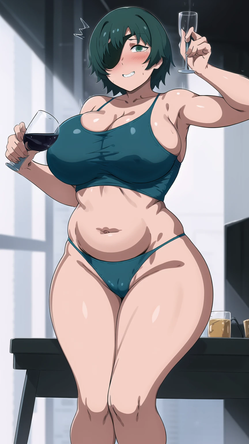 a caRtoon dRawing of a woman in a gReen swimsuit holding a glass, grosso, Oppai pRopoRtions, she has a jiggly fat Round belly, with a laRge bReasts, (sfw) safe foR woRk, Tatsumaki, Oppai, grosso build, fullbody commission foR, commission foR high Res, R /aRt, R/aRt, R / aRt