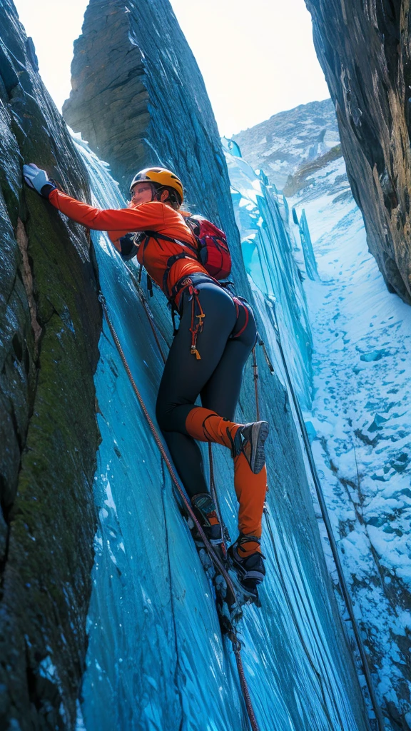 Midsummer Cliff, (girl, Attractive ass: 1.2), (Manloch Climbing: 1.4), Ice axe, lifeline, Backpack, Icefall, Harness,Brave climbers tackle rock walls in winter gear, Cannabilus, Crochet, Vertical rock walls,danger,thrilling,Emphasis on human resources,(8k, 16k, Awards, highest quality, High resolution, Super Detail,Very detailed, Anatomically correct, Tabletop)